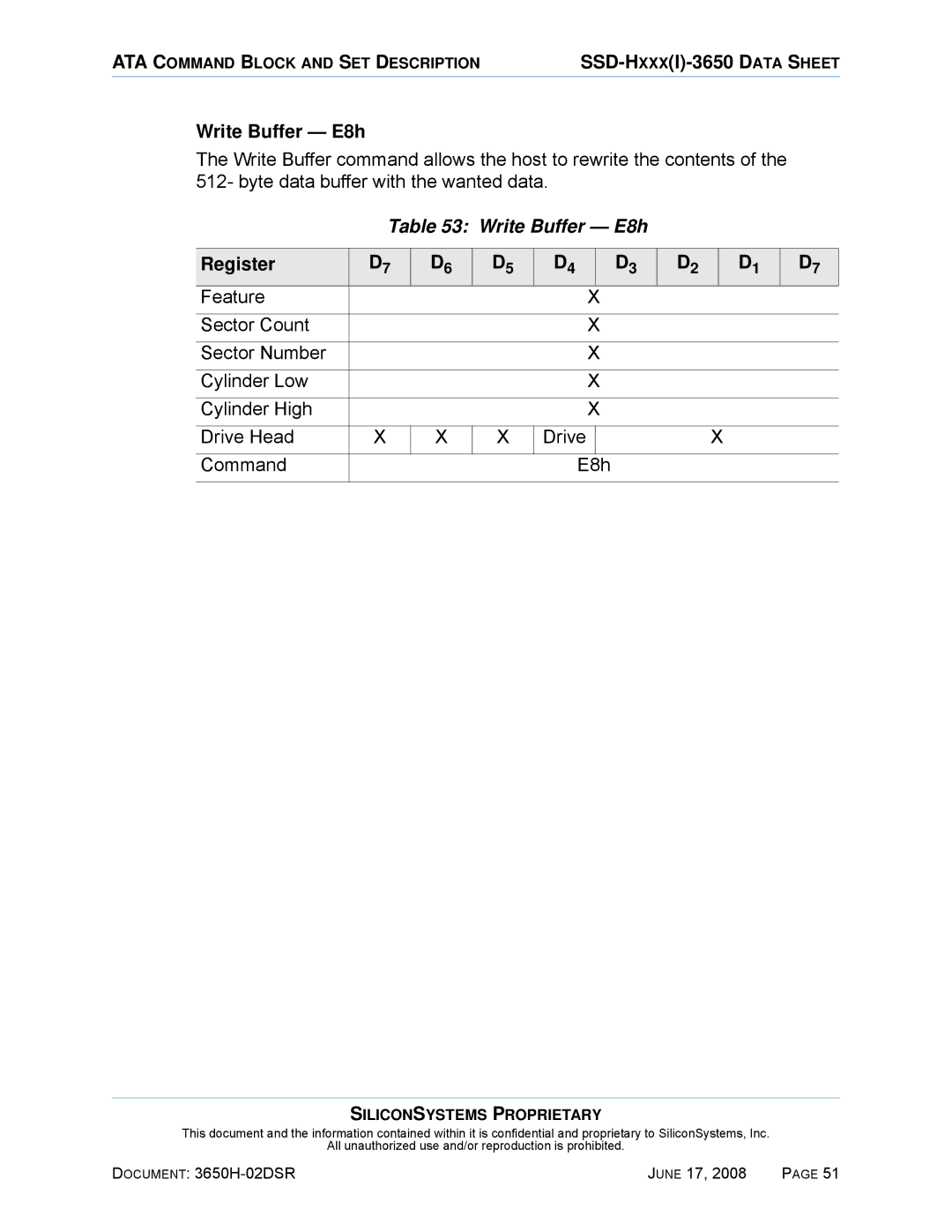 Silicon Image SSDS00-3650H-R manual Write Buffer E8h 