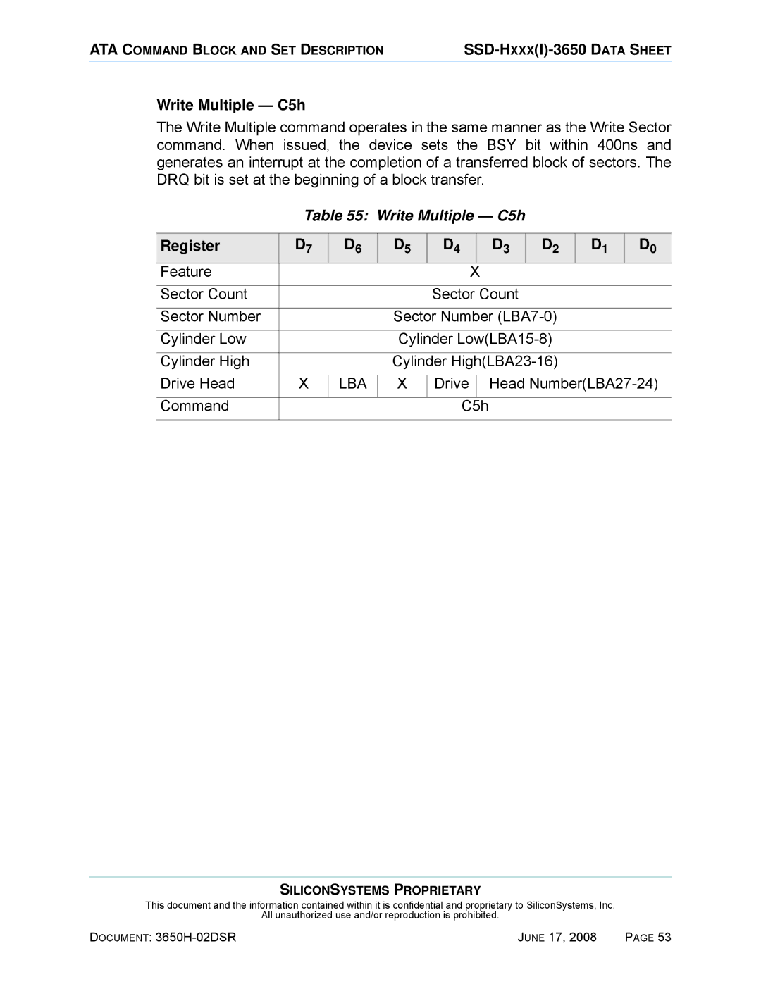 Silicon Image SSDS00-3650H-R manual Write Multiple C5h, Drive Head NumberLBA27-24 Command C5h 