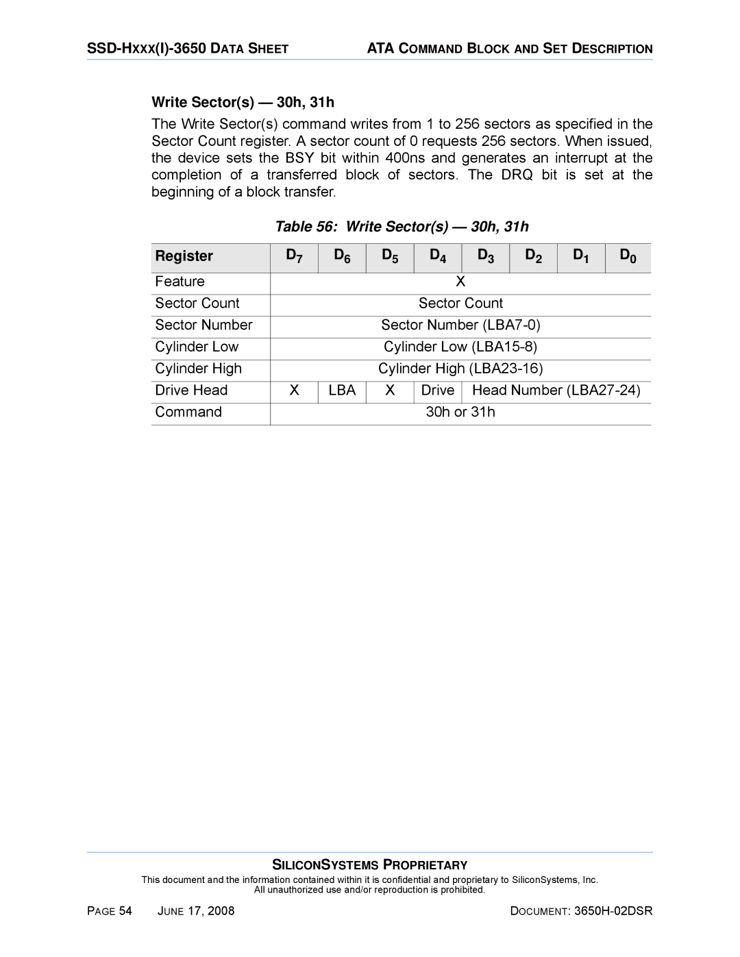 Silicon Image SSDS00-3650H-R manual Write Sectors 30h, 31h, Drive Head Number LBA27-24 Command 30h or 31h 