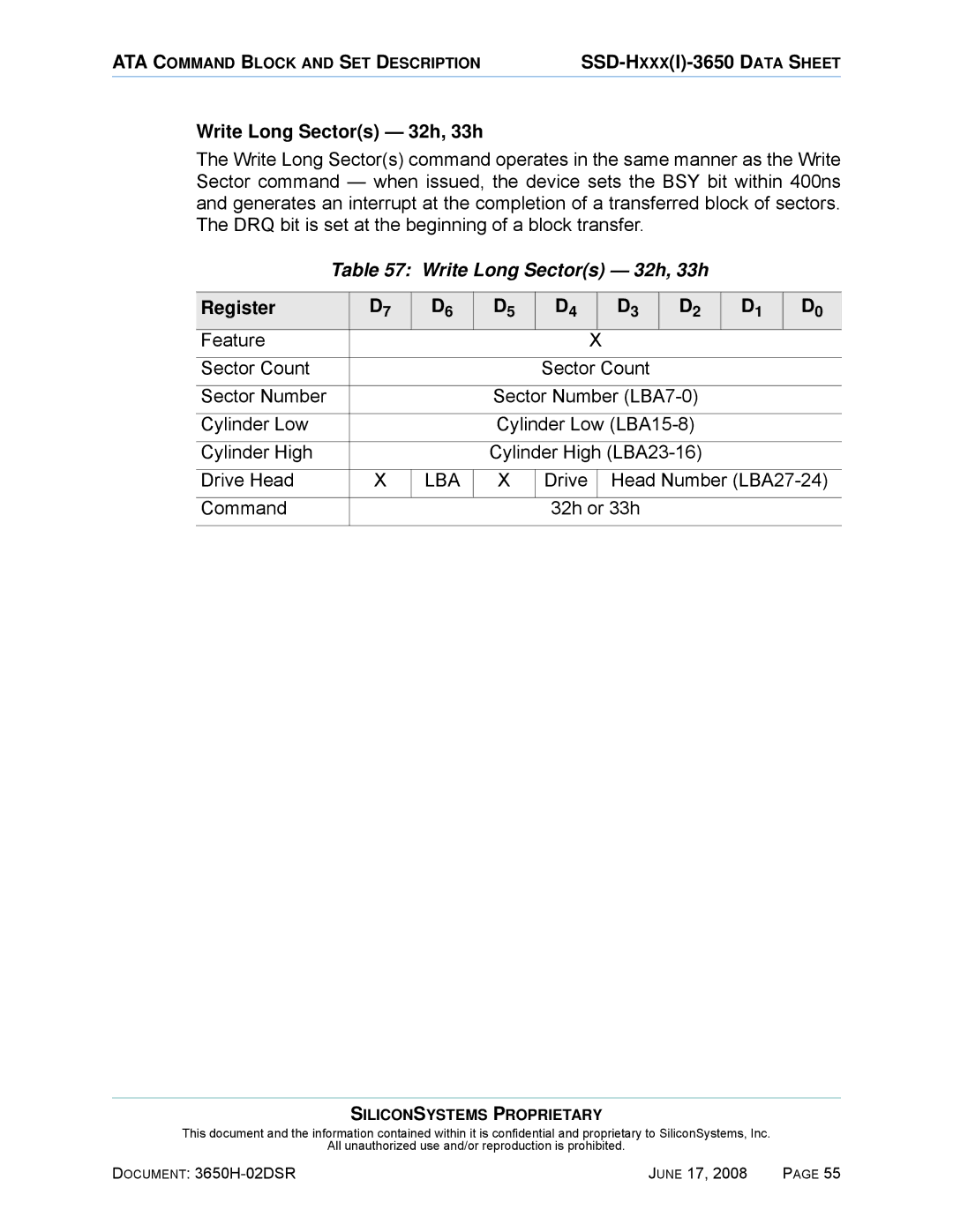 Silicon Image SSDS00-3650H-R manual Write Long Sectors 32h, 33h, Drive Head Number LBA27-24 Command 32h or 33h 