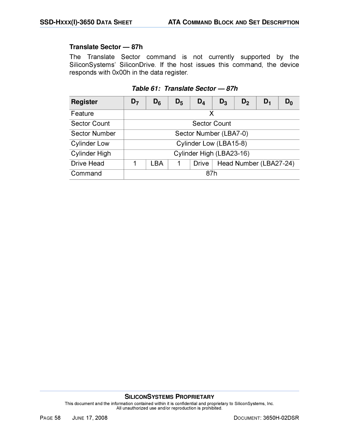 Silicon Image SSDS00-3650H-R manual Translate Sector 87h, Drive Head Number LBA27-24 Command 87h 