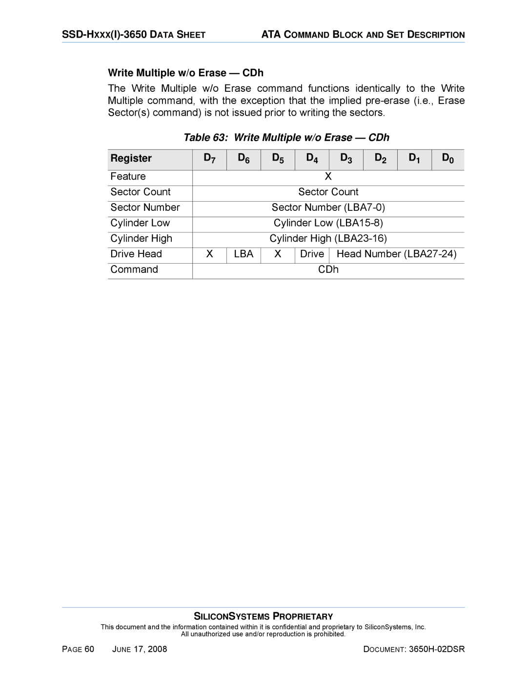 Silicon Image SSDS00-3650H-R manual Write Multiple w/o Erase CDh, Drive Head Number LBA27-24 Command CDh 