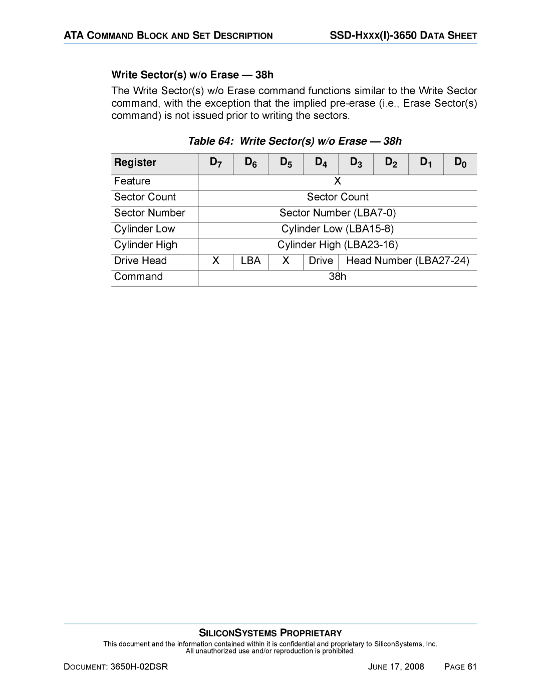 Silicon Image SSDS00-3650H-R manual Write Sectors w/o Erase 38h, Drive Head Number LBA27-24 Command 38h 