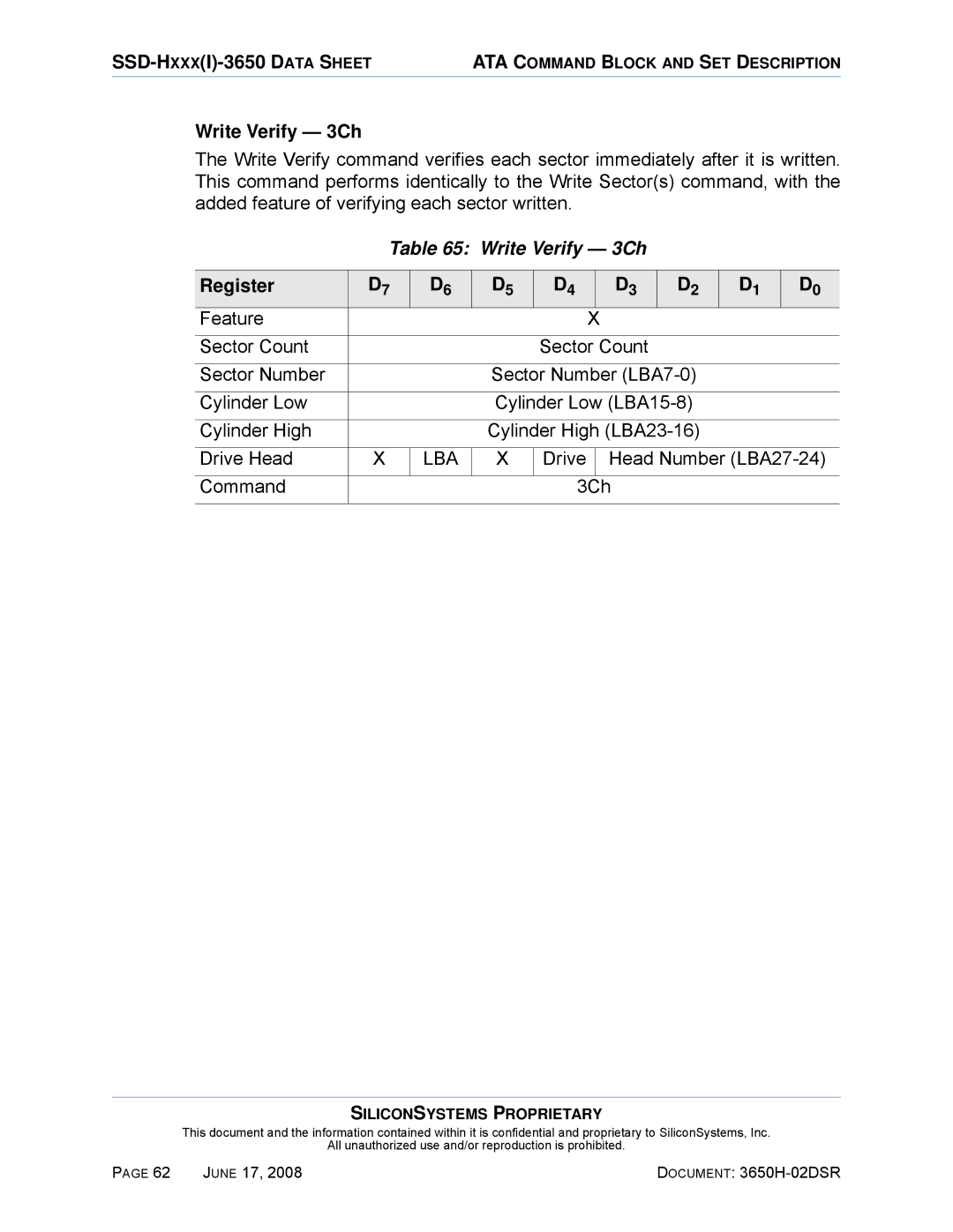 Silicon Image SSDS00-3650H-R manual Write Verify 3Ch, Drive Head Number LBA27-24 Command 3Ch 