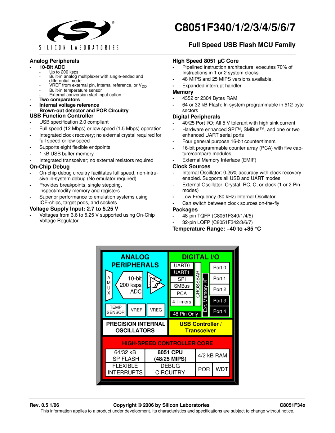 Silicon Laboratories C8051F346, C8051F347 specifications Full Speed USB Flash MCU Family, Precision Internal Oscillators 