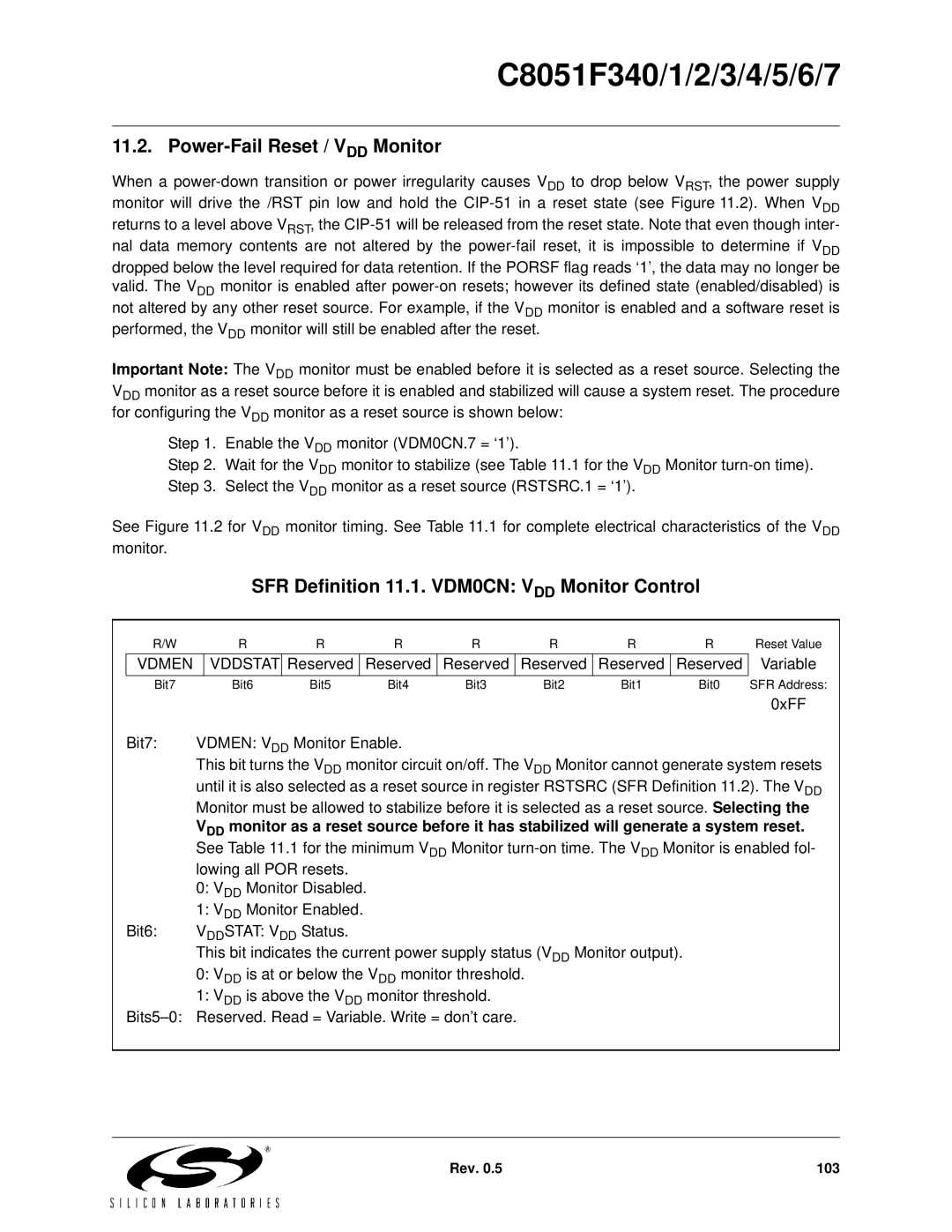 Silicon Laboratories C8051F342 Power-Fail Reset / VDD Monitor, SFR Definition 11.1. VDM0CN VDD Monitor Control, Vdmen 