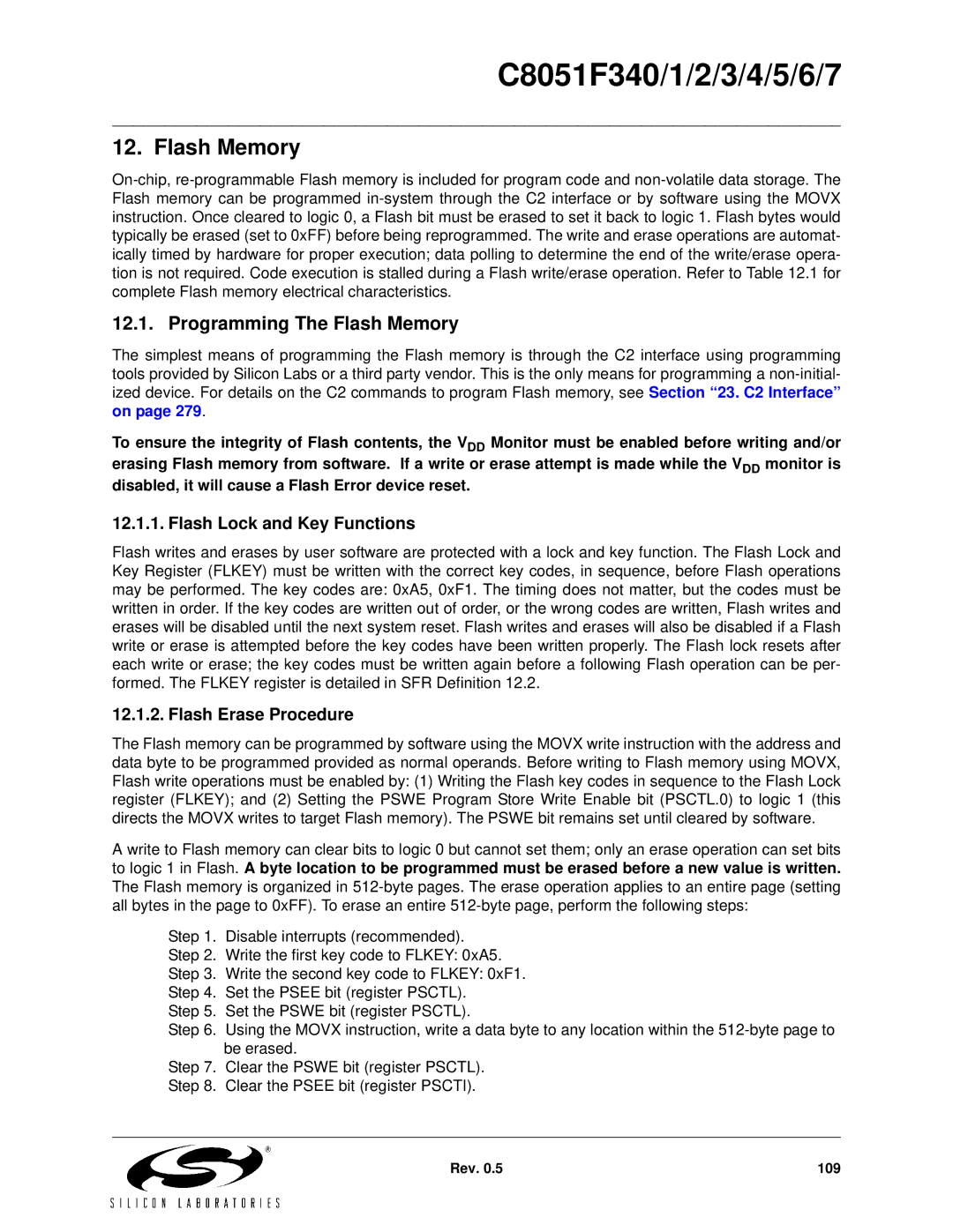 Silicon Laboratories C8051F344 Programming The Flash Memory, Flash Lock and Key Functions, Flash Erase Procedure 