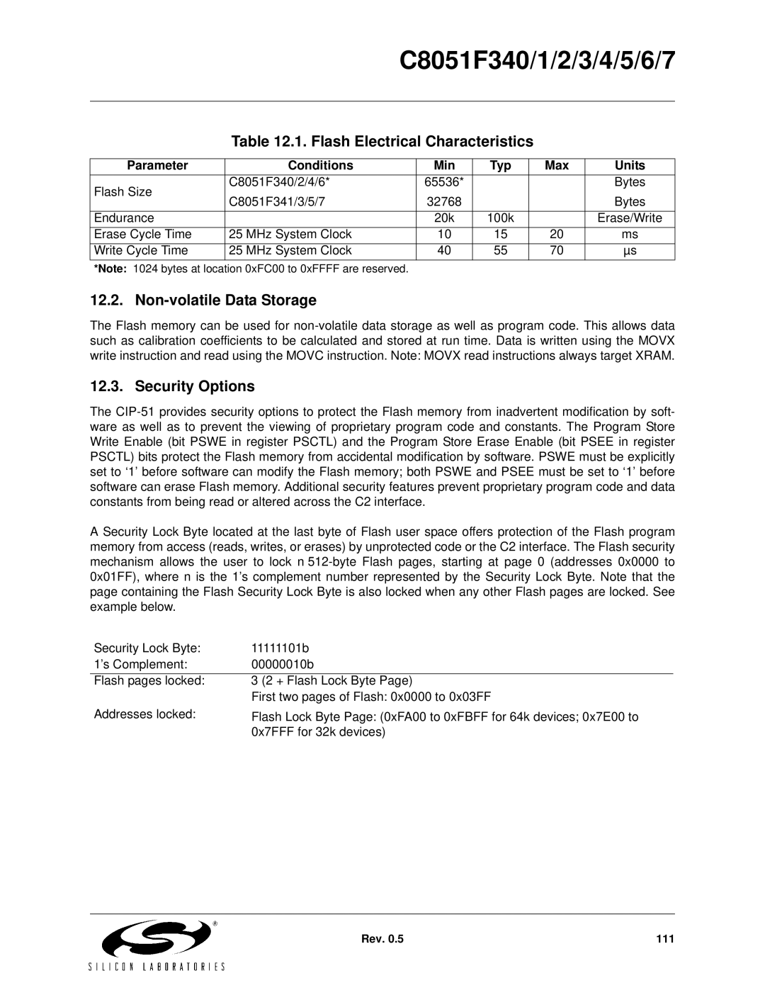 Silicon Laboratories C8051F342, C8051F347 Flash Electrical Characteristics, Non-volatile Data Storage, Security Options 