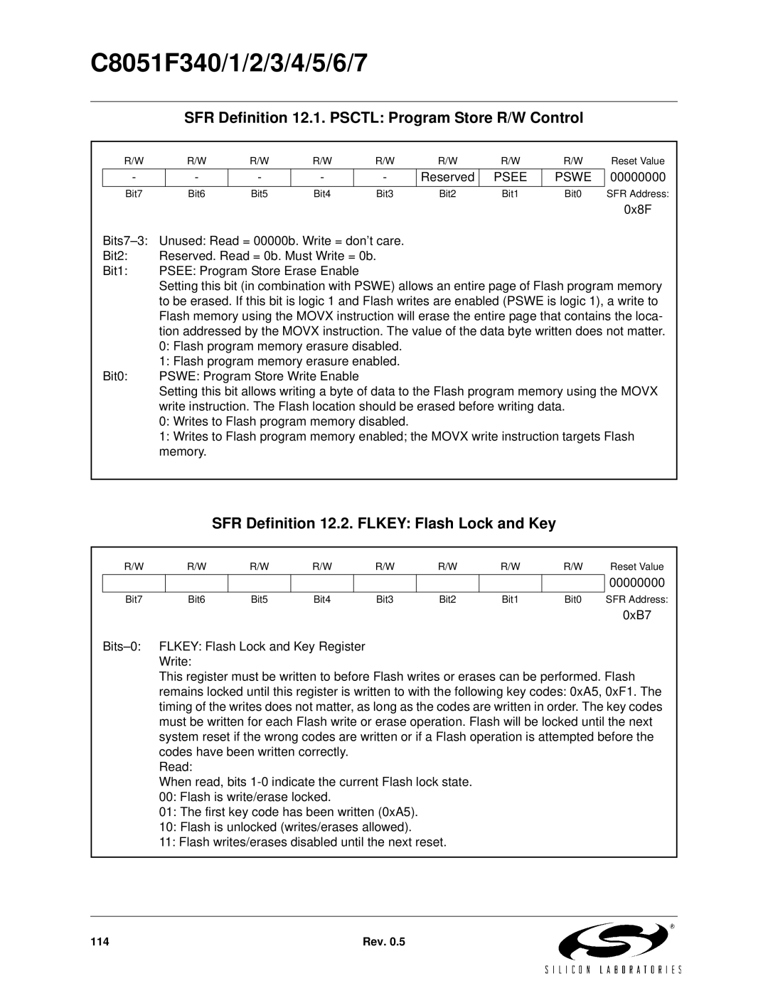 Silicon Laboratories C8051F341, C8051F347, C8051F346, C8051F343 SFR Definition 12.1. Psctl Program Store R/W Control, Pswe 
