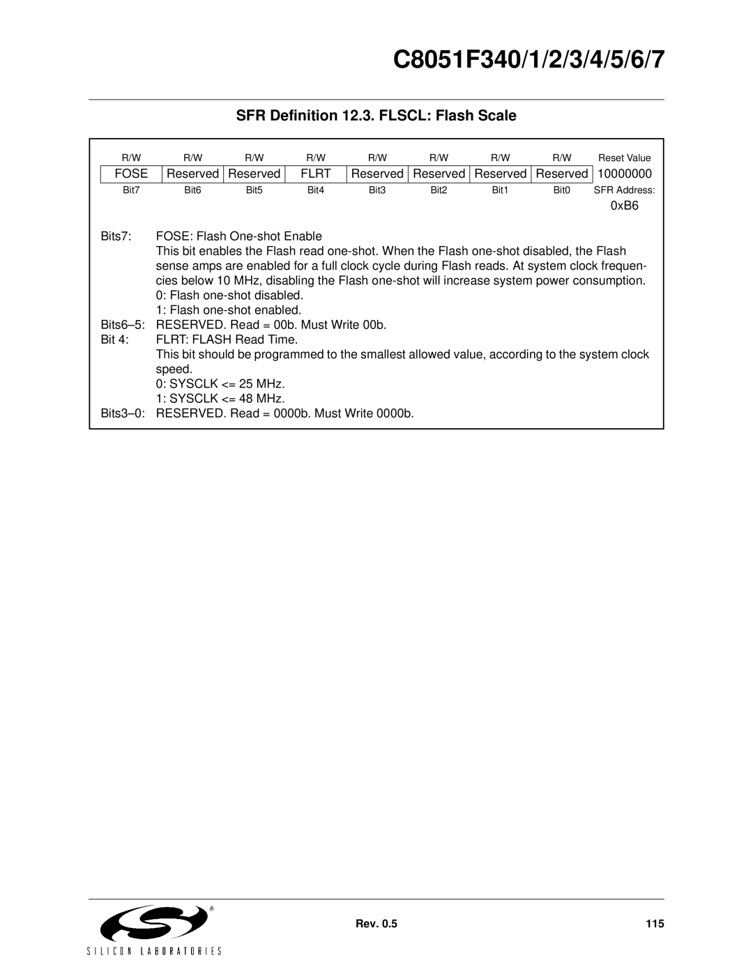 Silicon Laboratories C8051F343, C8051F347, C8051F346, C8051F341, C8051F340 SFR Definition 12.3. Flscl Flash Scale, Fose, Flrt 