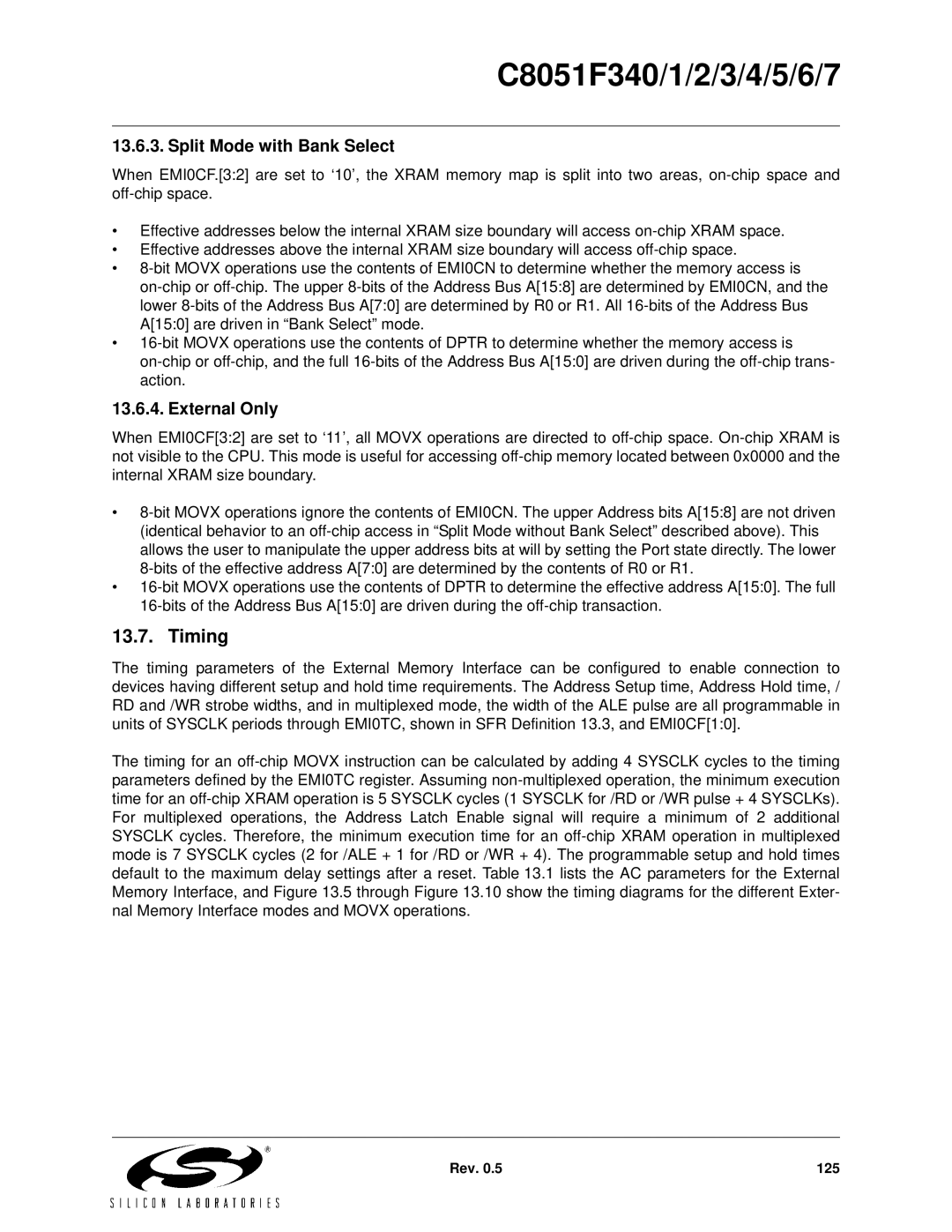 Silicon Laboratories C8051F344, C8051F347, C8051F346, C8051F341, C8051F343 Timing, Split Mode with Bank Select, External Only 