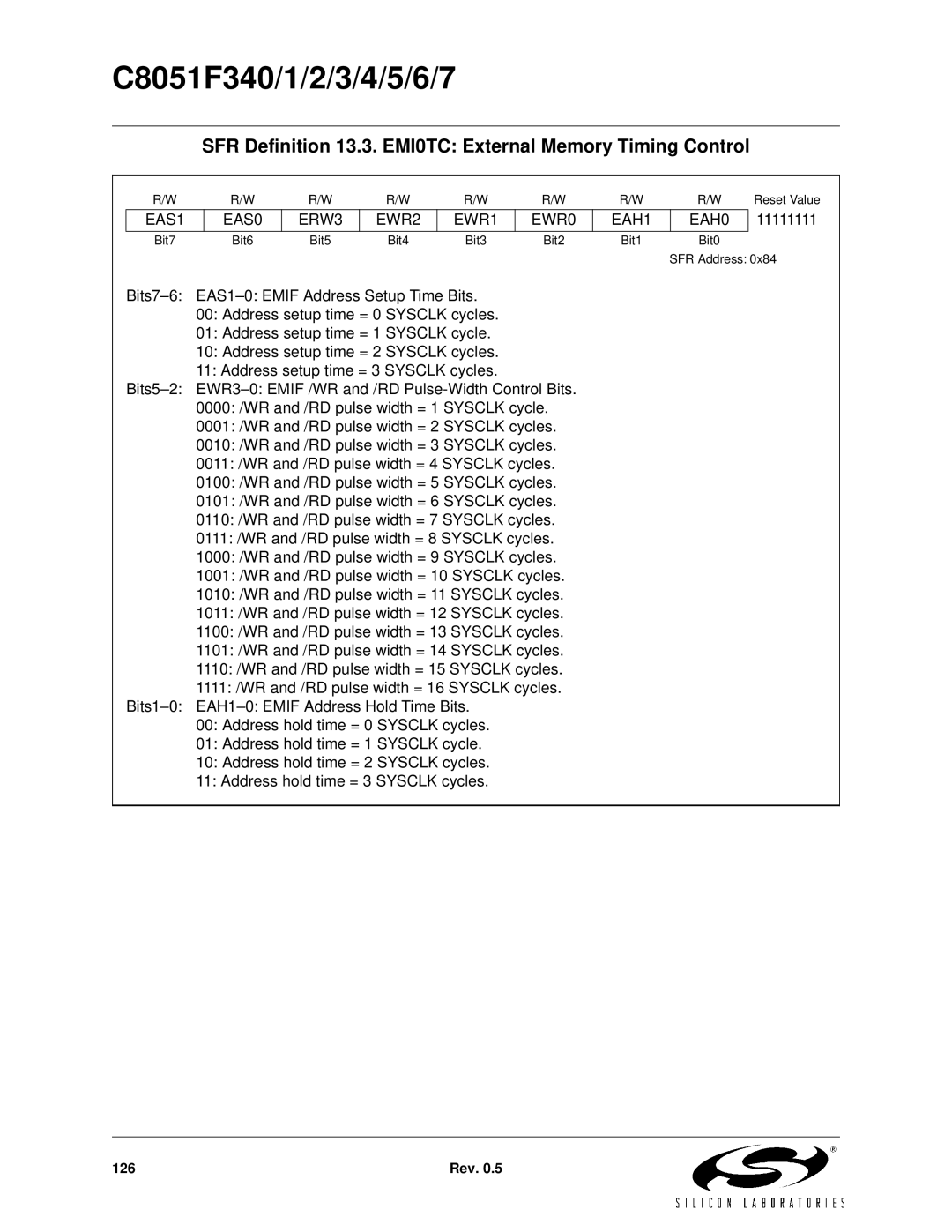 Silicon Laboratories C8051F345, C8051F347, C8051F346, C8051F341 SFR Definition 13.3. EMI0TC External Memory Timing Control 