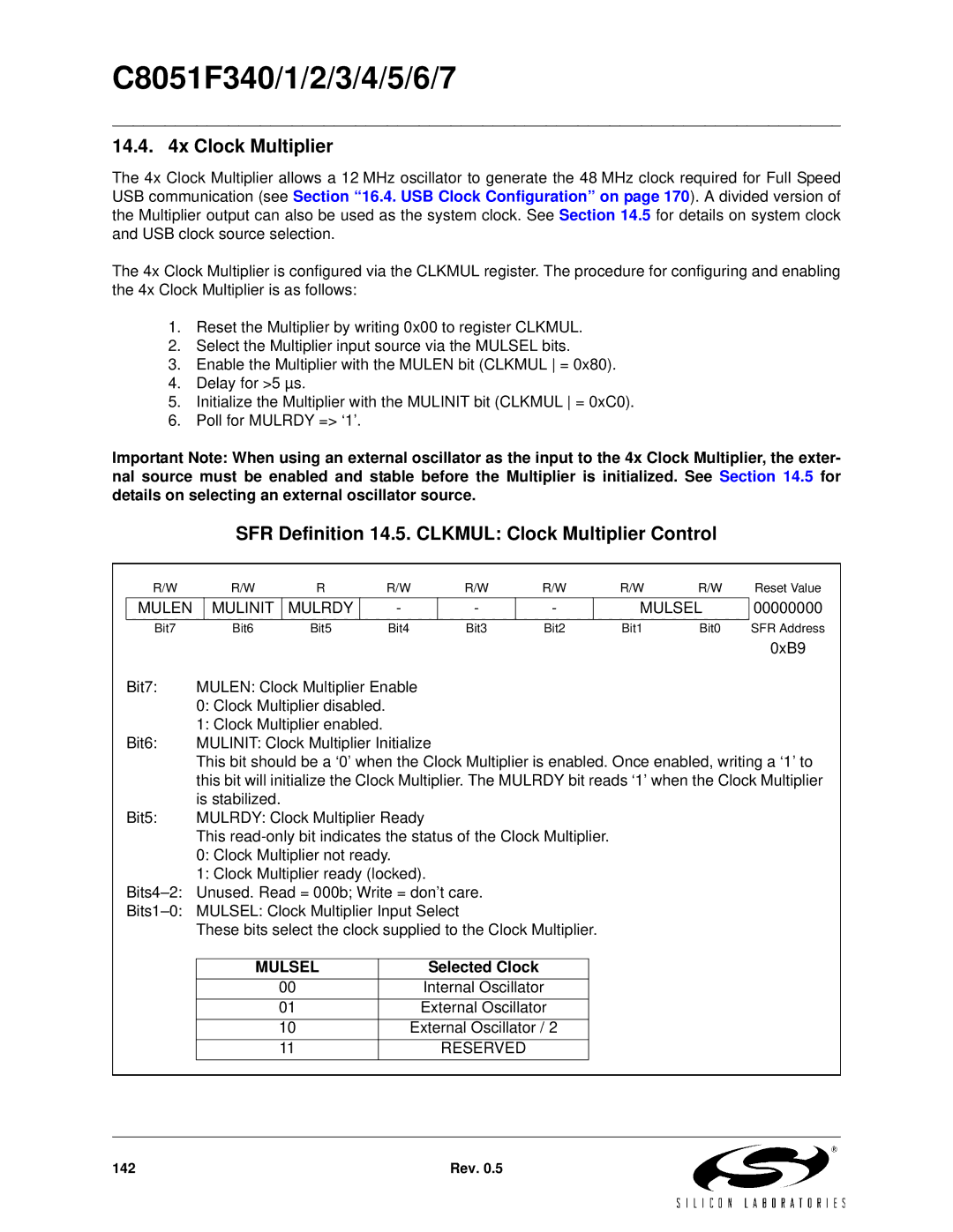 Silicon Laboratories C8051F345 SFR Definition 14.5. Clkmul Clock Multiplier Control, Mulen Mulinit Mulrdy Mulsel 