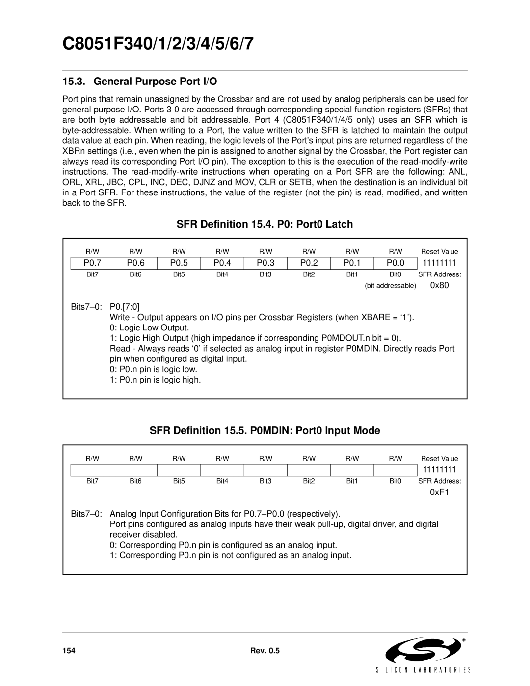 Silicon Laboratories C8051F341, C8051F347, C8051F346 General Purpose Port I/O, SFR Definition 15.4. P0 Port0 Latch 