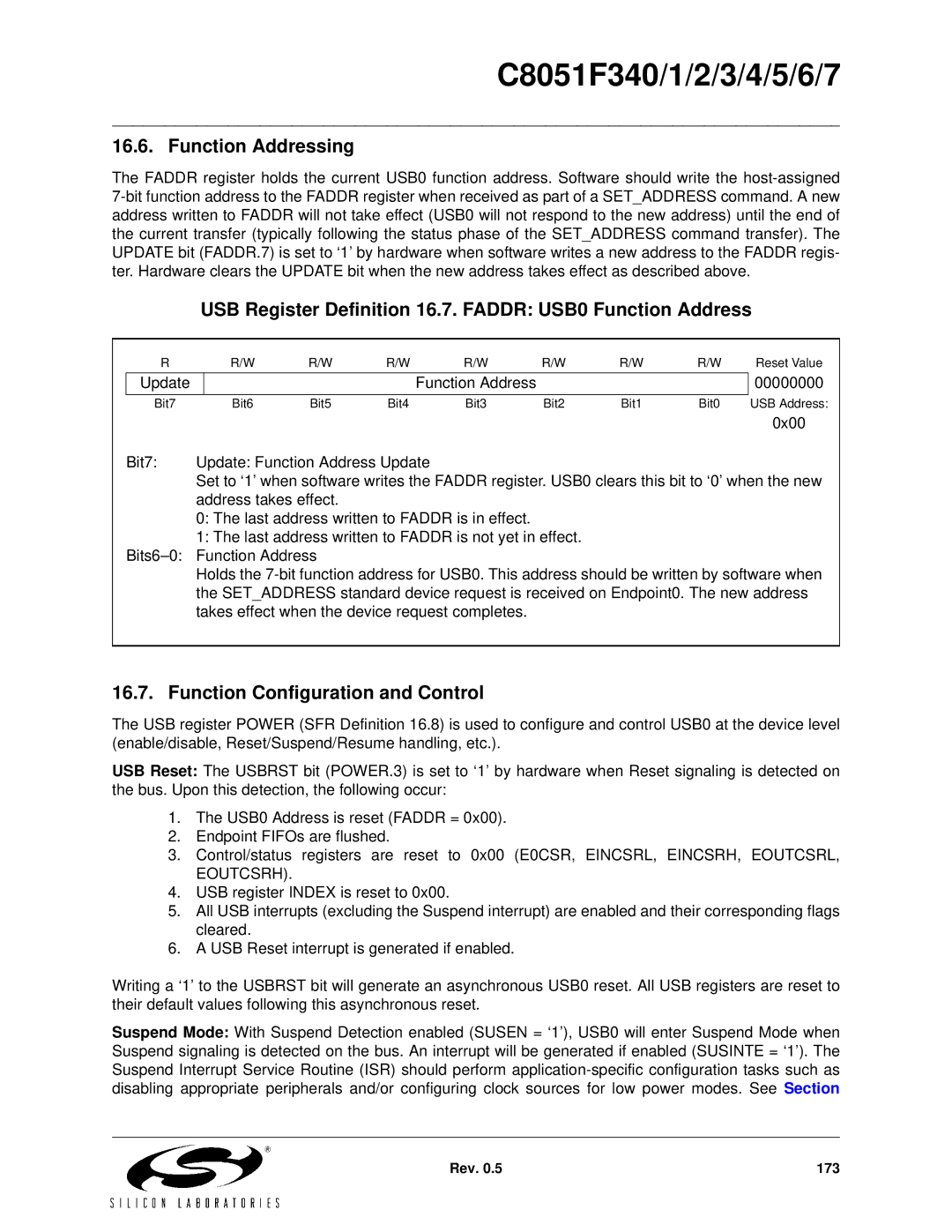 Silicon Laboratories C8051F344, C8051F347 Function Addressing, USB Register Definition 16.7. Faddr USB0 Function Address 