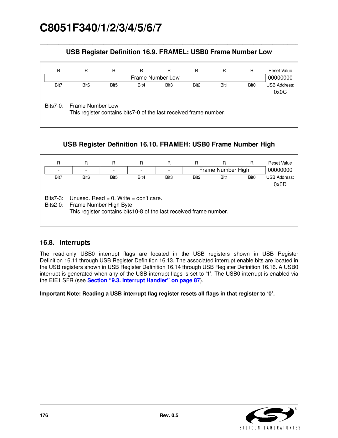 Silicon Laboratories C8051F347, C8051F346, C8051F341 USB Register Definition 16.9. Framel USB0 Frame Number Low, Interrupts 