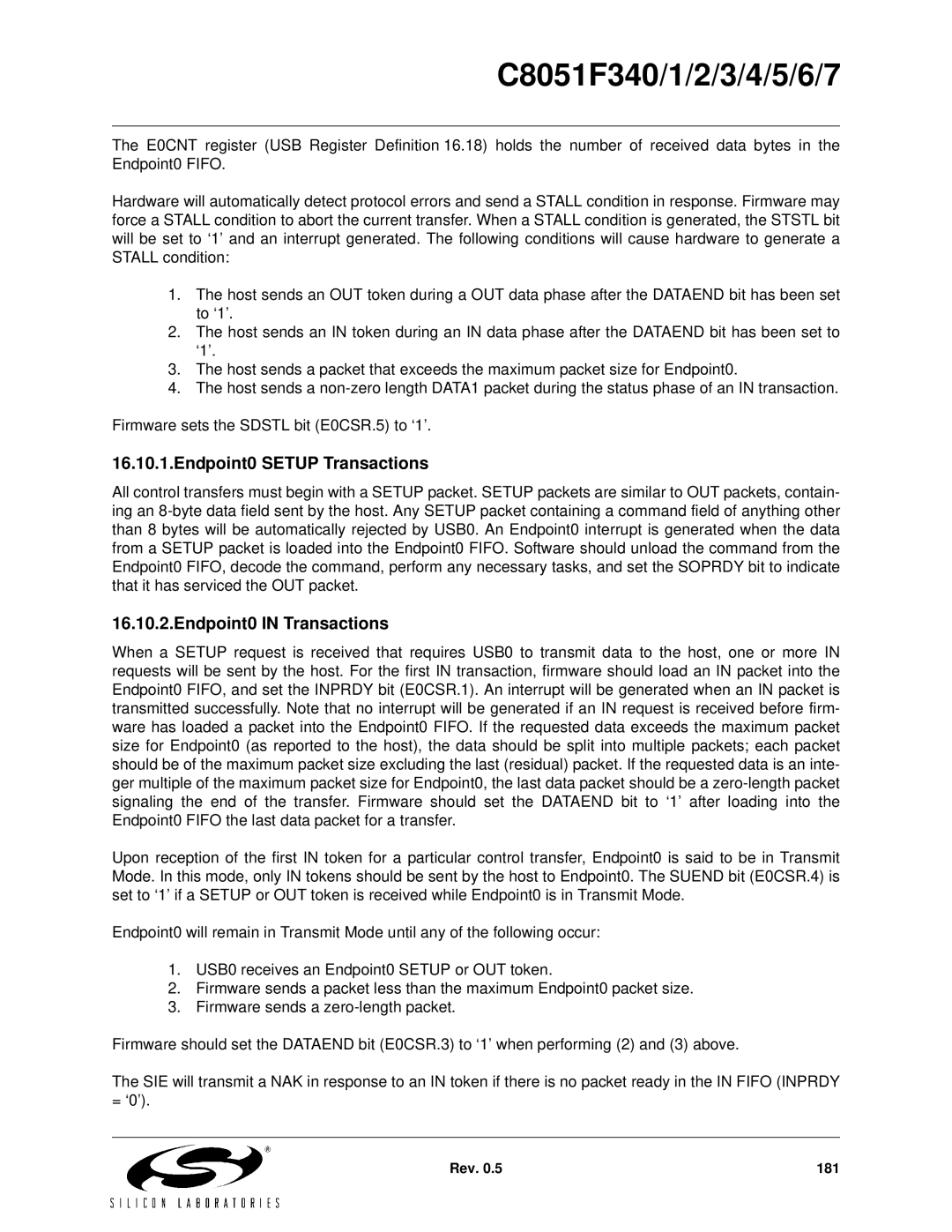 Silicon Laboratories C8051F344, C8051F347, C8051F346, C8051F341 Endpoint0 Setup Transactions, Endpoint0 in Transactions 