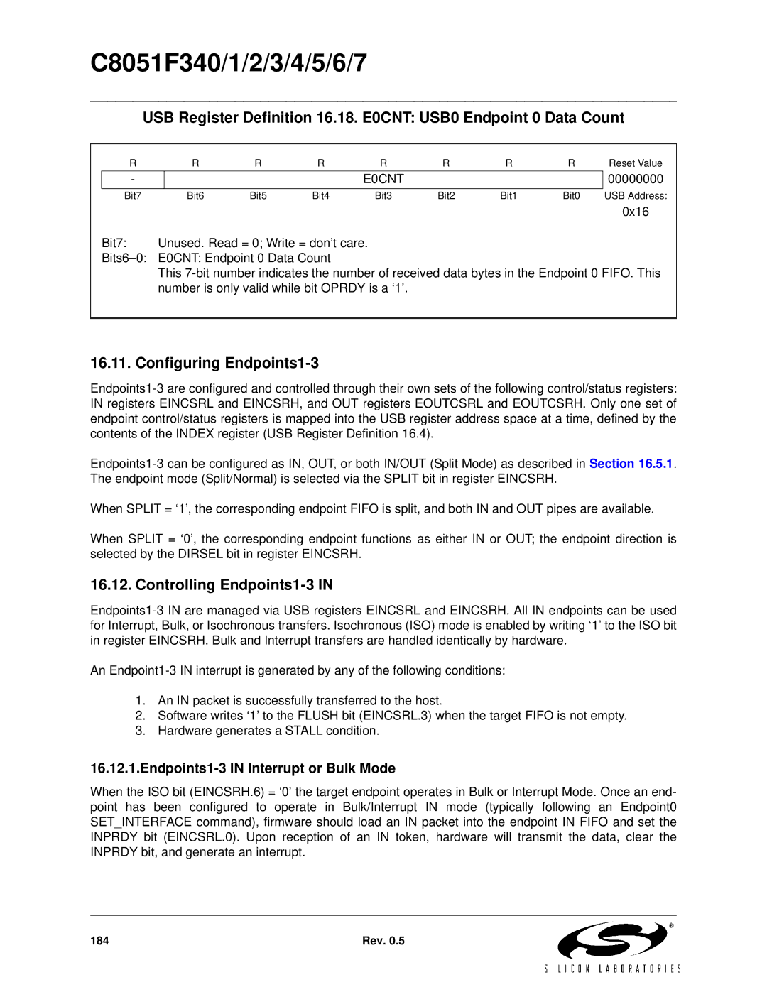 Silicon Laboratories C8051F347 Configuring Endpoints1-3, Controlling Endpoints1-3, Endpoints1-3 in Interrupt or Bulk Mode 