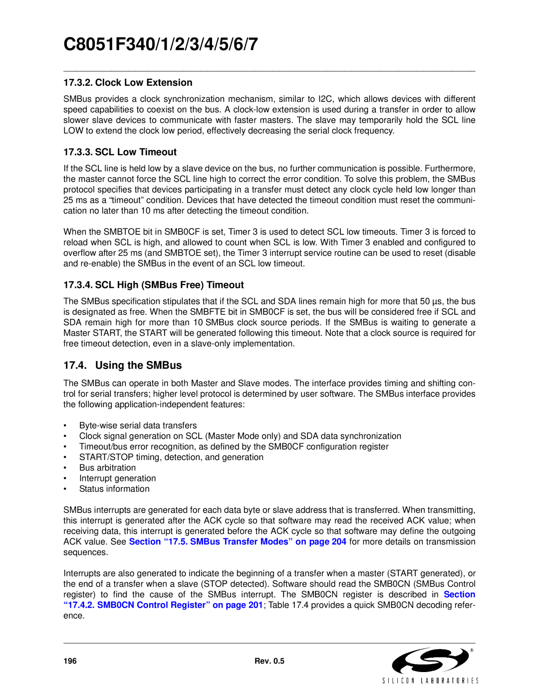 Silicon Laboratories C8051F340 Using the SMBus, Clock Low Extension, SCL Low Timeout, SCL High SMBus Free Timeout 