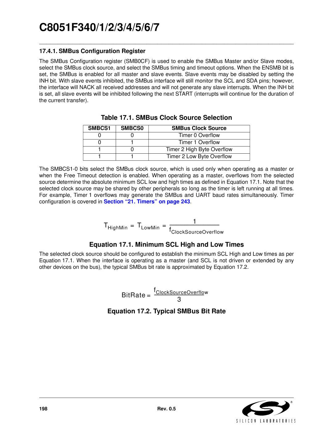 Silicon Laboratories C8051F345 SMBus Clock Source Selection, Equation 17.1. Minimum SCL High and Low Times, SMBCS1 SMBCS0 