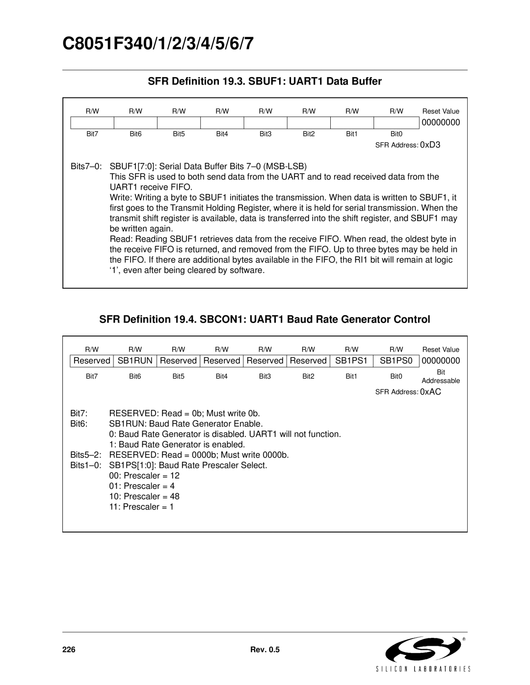 Silicon Laboratories C8051F341, C8051F347, C8051F346 SFR Definition 19.3. SBUF1 UART1 Data Buffer, SB1RUN, SB1PS1 SB1PS0 