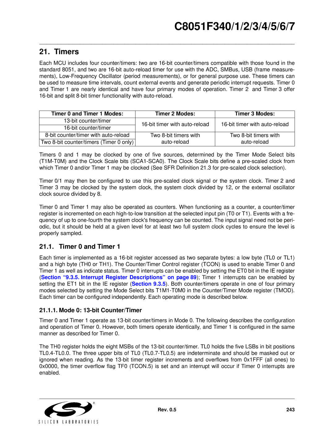 Silicon Laboratories C8051F343, C8051F347, C8051F346, C8051F341 Timers, Timer 0 and Timer, Mode 0 13-bit Counter/Timer 
