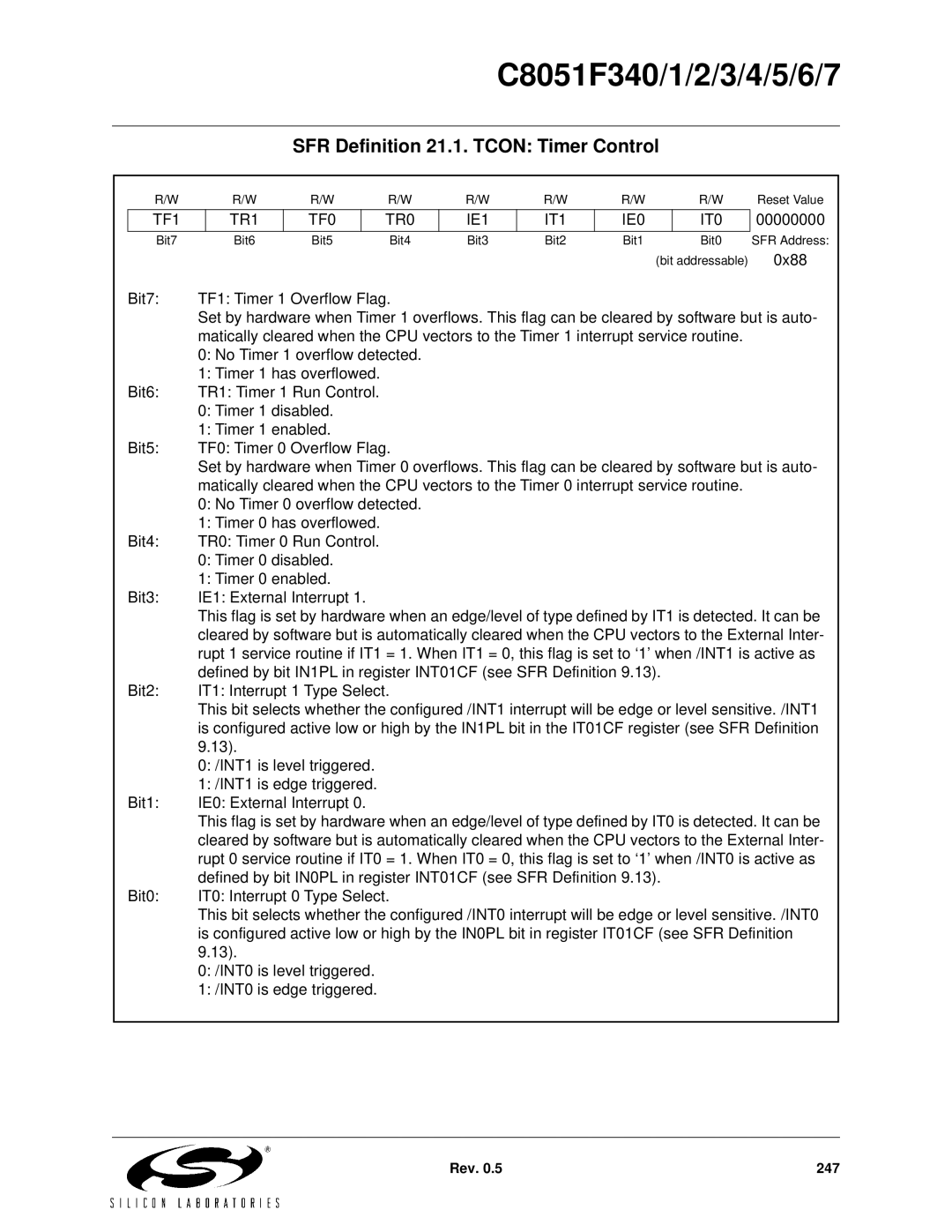 Silicon Laboratories C8051F342, C8051F347 SFR Definition 21.1. Tcon Timer Control, TF1 TR1 TF0 TR0 IE1 IT1 IE0 IT0 