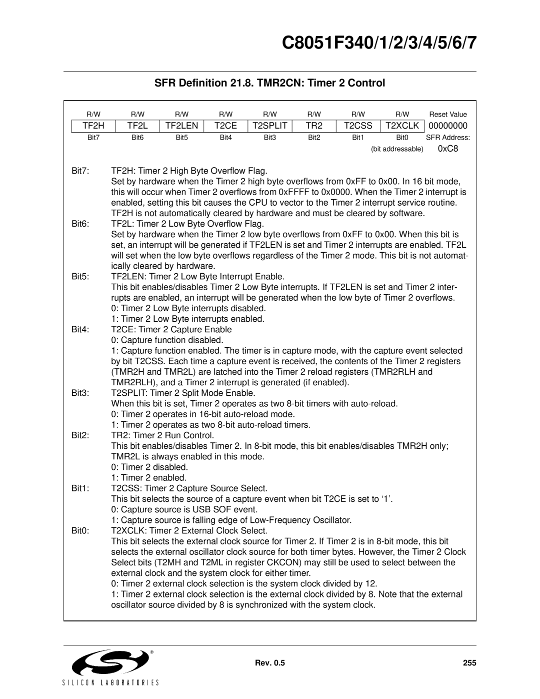 Silicon Laboratories C8051F342 SFR Definition 21.8. TMR2CN Timer 2 Control, TF2H TF2L TF2LEN T2CE T2SPLIT TR2 T2CSS T2XCLK 