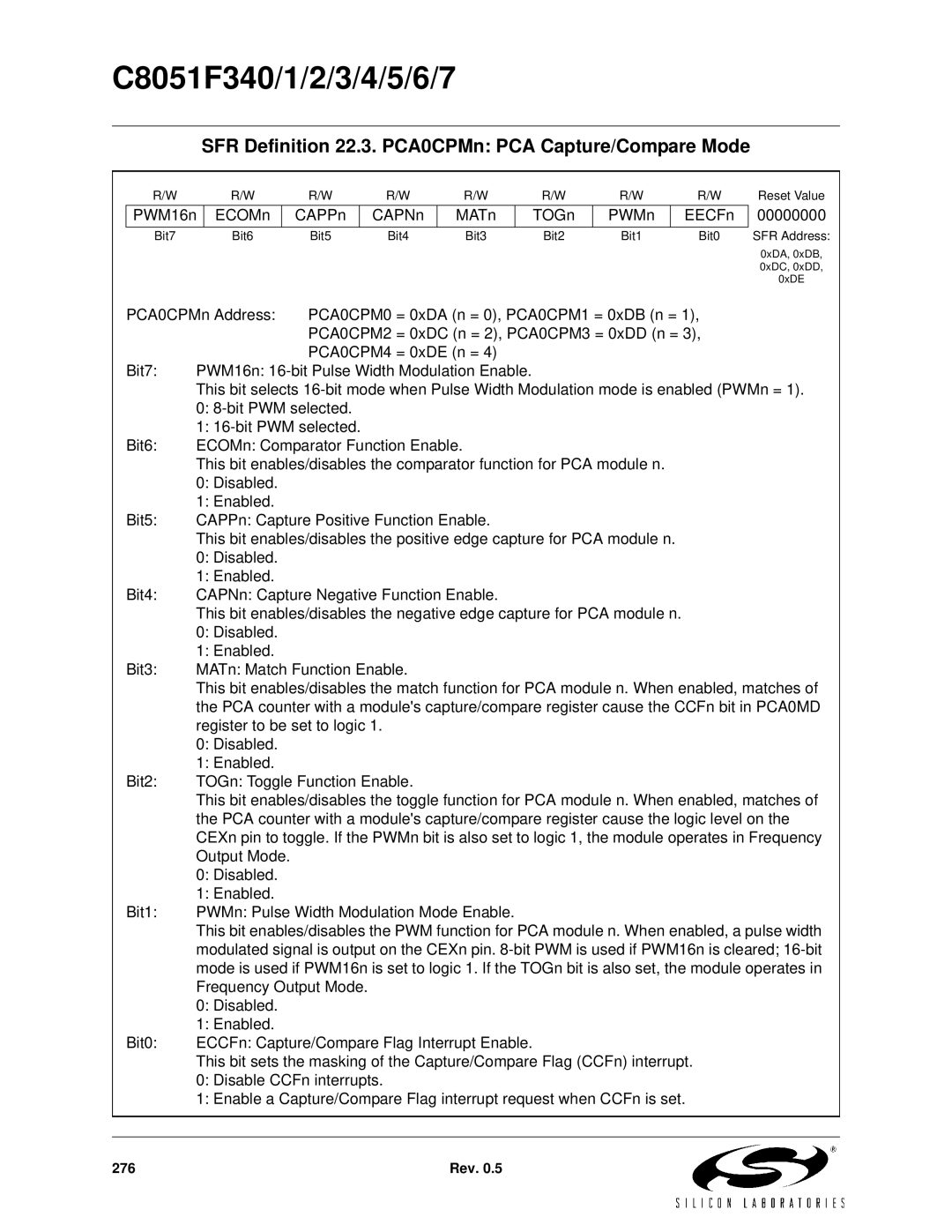 Silicon Laboratories C8051F340, C8051F347, C8051F346, C8051F341 SFR Definition 22.3. PCA0CPMn PCA Capture/Compare Mode 