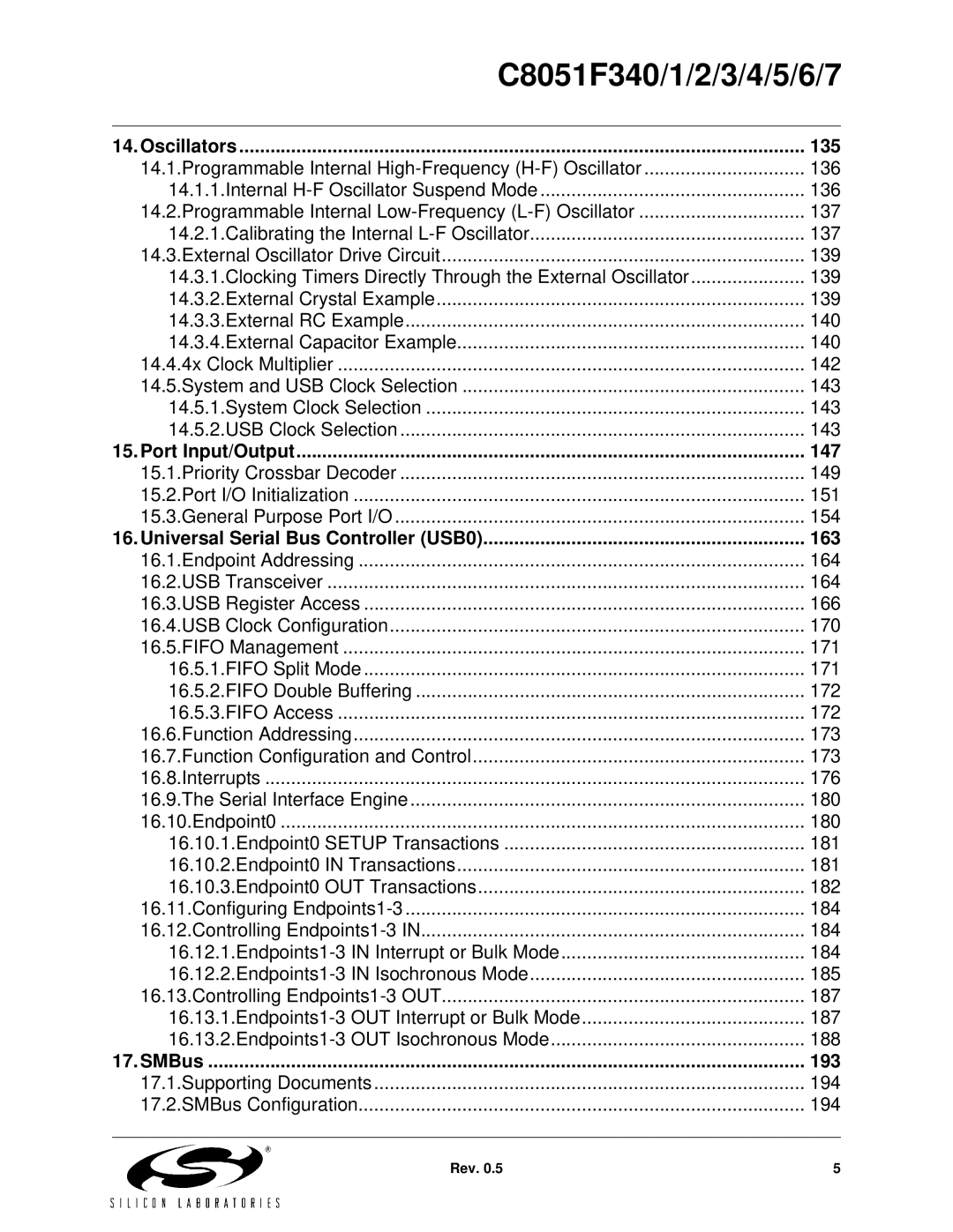 Silicon Laboratories C8051F344 Oscillators 135, Port Input/Output 147, Universal Serial Bus Controller USB0 163, SMBus 193 