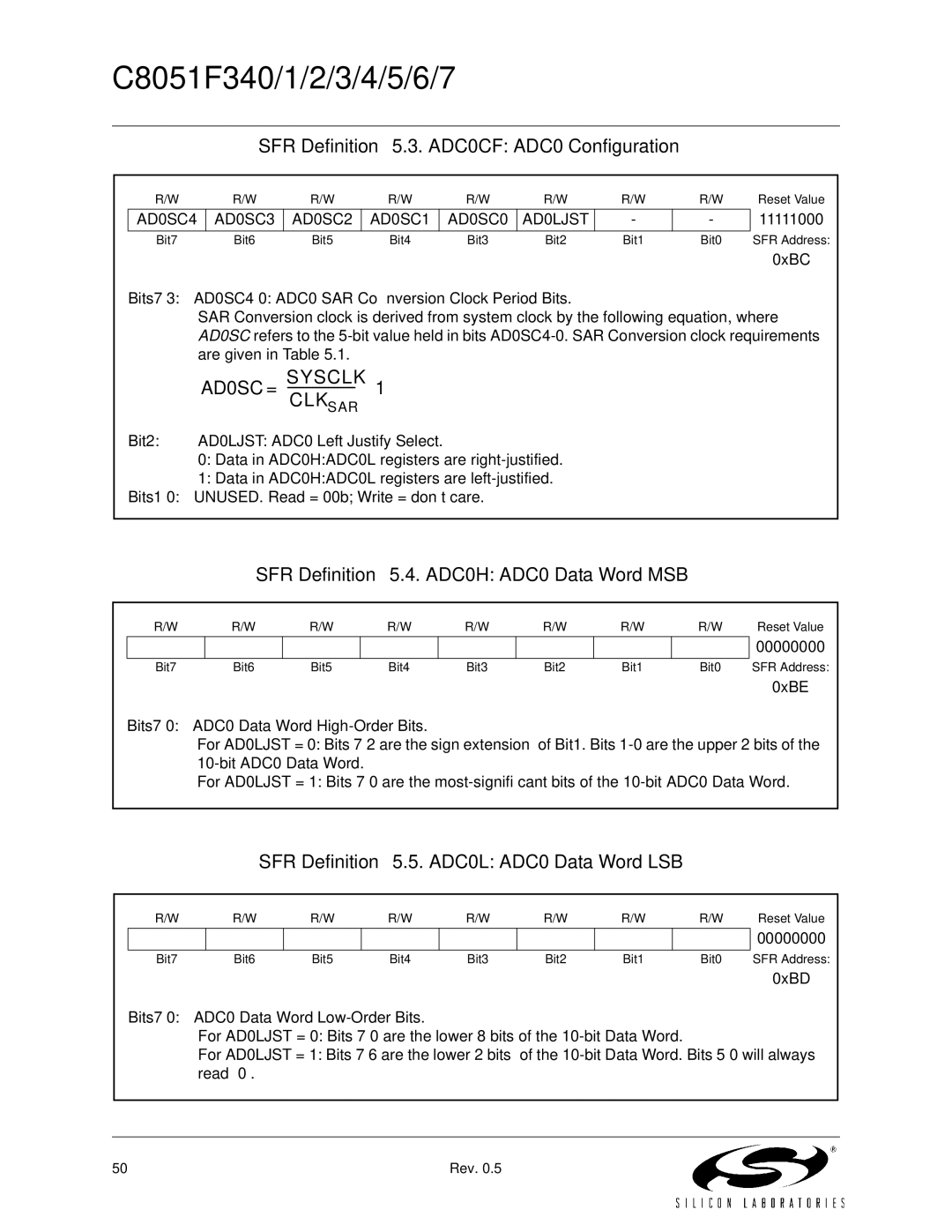 Silicon Laboratories C8051F341 SFR Definition 5.3. ADC0CF ADC0 Configuration, SFR Definition 5.4. ADC0H ADC0 Data Word MSB 