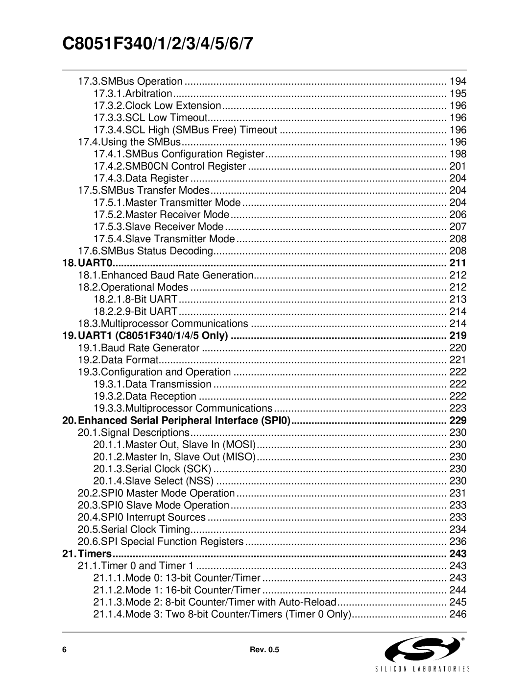 Silicon Laboratories C8051F345 UART0 211, UART1 C8051F340/1/4/5 Only 219, Enhanced Serial Peripheral Interface SPI0 229 