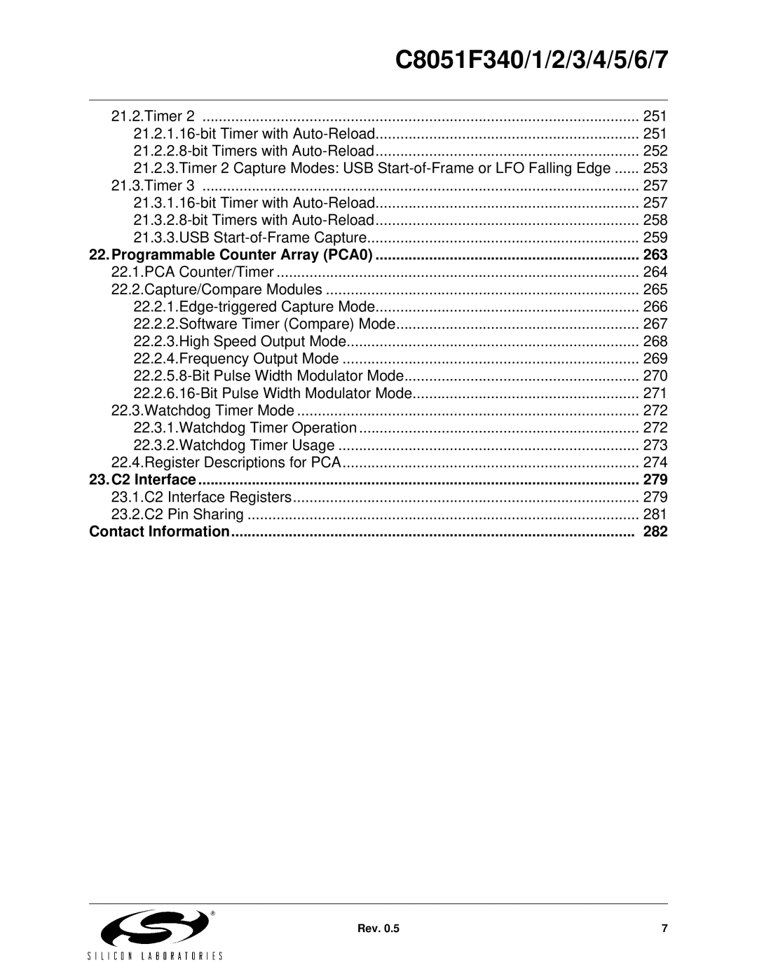 Silicon Laboratories C8051F342 Programmable Counter Array PCA0 263, 23. C2 Interface 279, Contact Information 282 