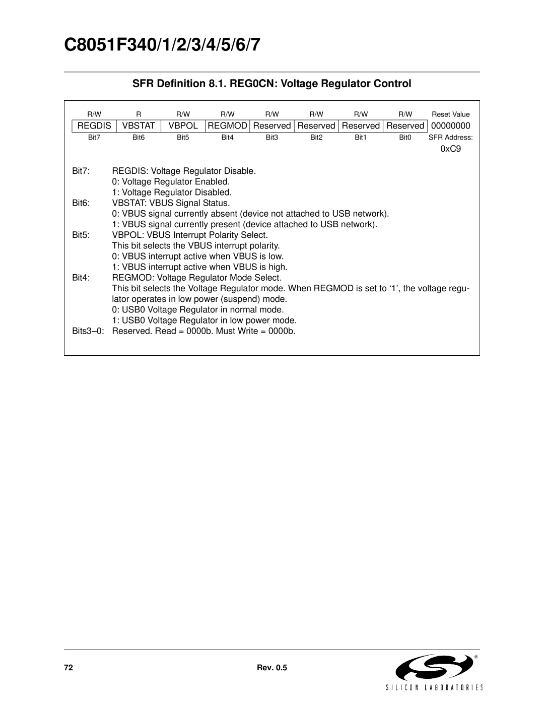 Silicon Laboratories C8051F347, C8051F346 SFR Definition 8.1. REG0CN Voltage Regulator Control, Regdis Vbstat Vbpol Regmod 