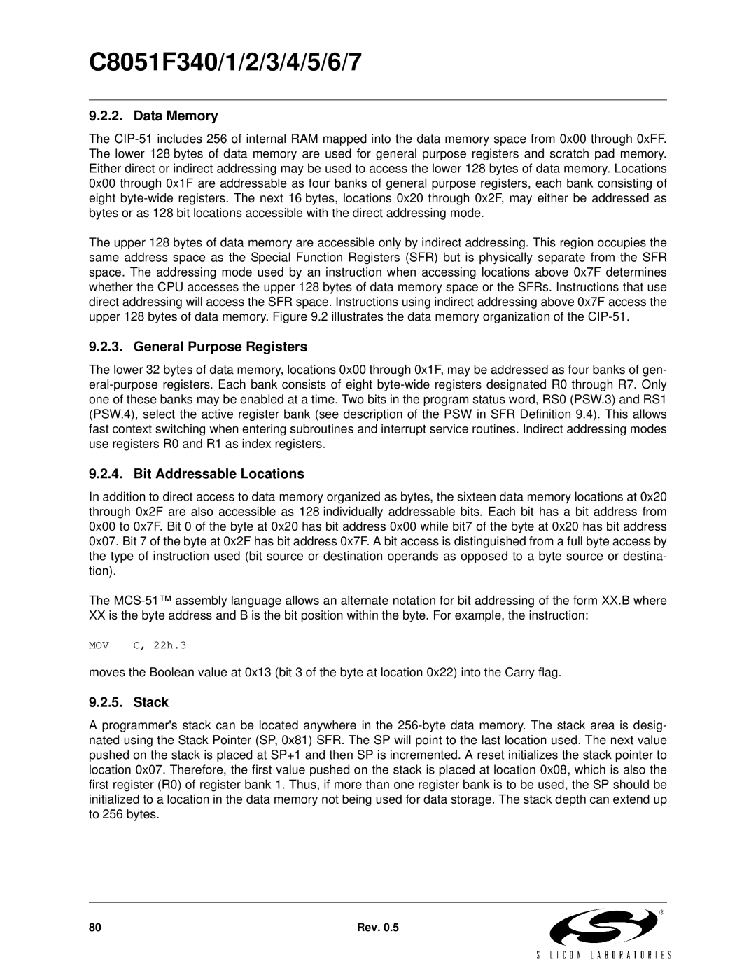 Silicon Laboratories C8051F347, C8051F346 Data Memory, General Purpose Registers, Bit Addressable Locations, Stack 