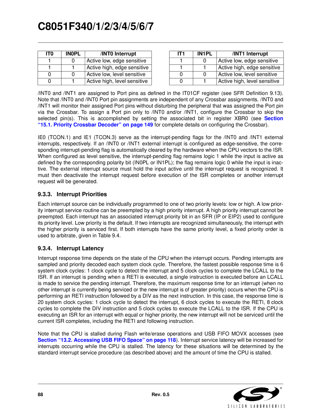 Silicon Laboratories C8051F347, C8051F346, C8051F341 Interrupt Priorities, Interrupt Latency, IT0 IN0PL, IT1 IN1PL 