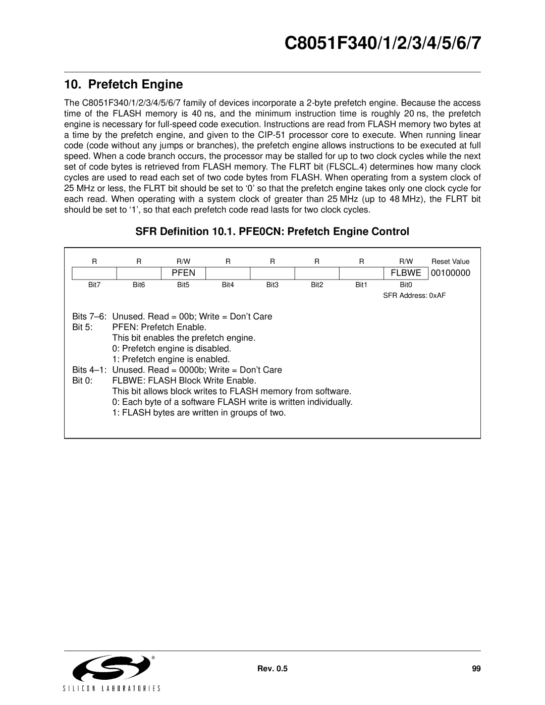 Silicon Laboratories C8051F343, C8051F347, C8051F346 SFR Definition 10.1. PFE0CN Prefetch Engine Control, Pfen Flbwe 