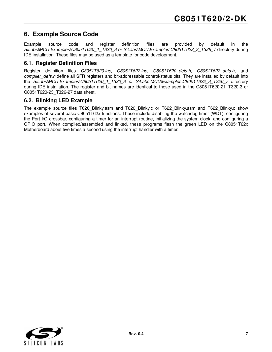 Silicon Laboratories C8051T620/2-DK quick start Example Source Code, Register Definition Files, Blinking LED Example 