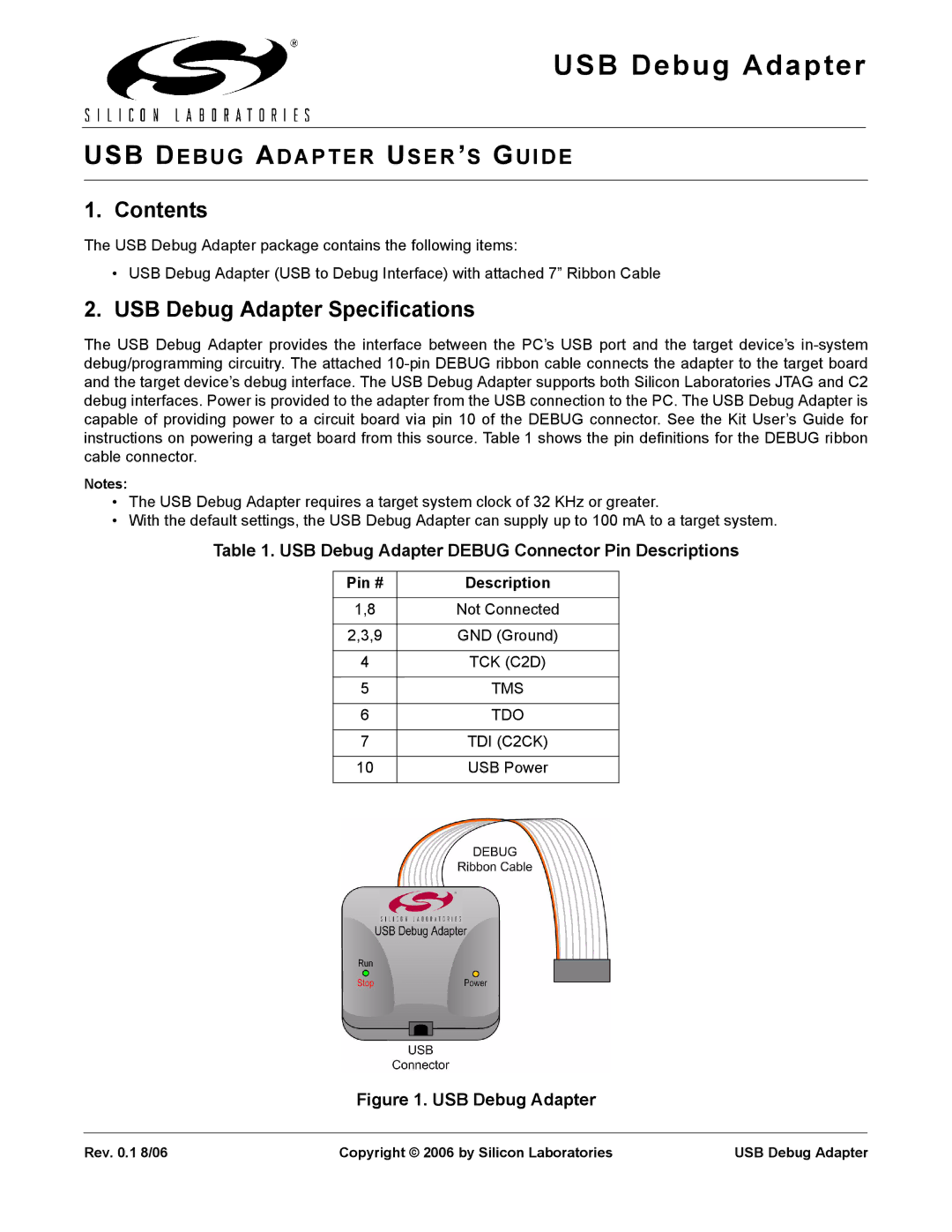 Silicon Laboratories Computer Accessories specifications Contents, USB Debug Adapter Specifications 