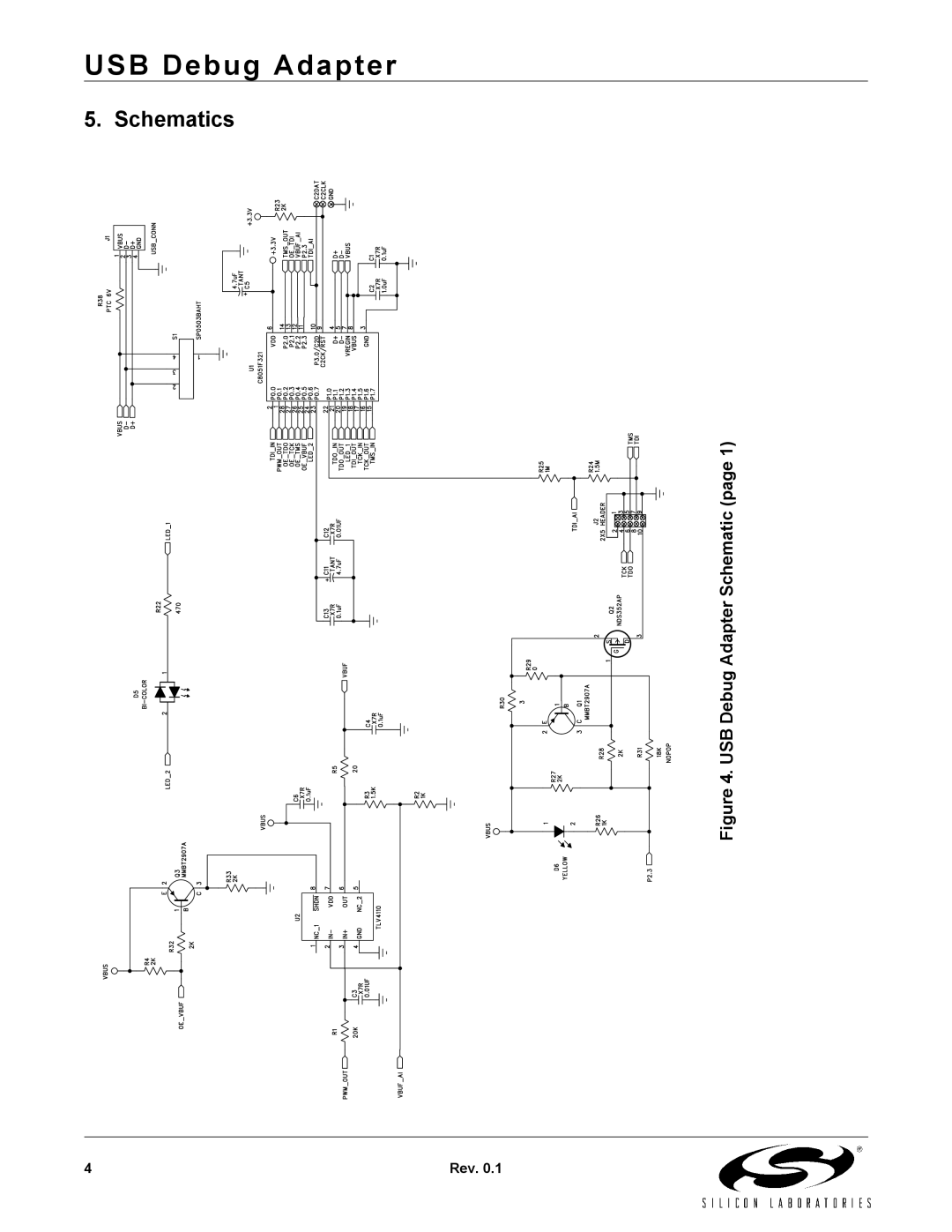 Silicon Laboratories Computer Accessories specifications Schematics, USB Debug Adapter Schematic 