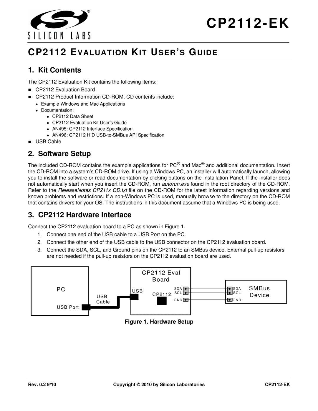 Silicon Laboratories CP2112-EK manual Kit Contents, Software Setup, CP2112 Hardware Interface 