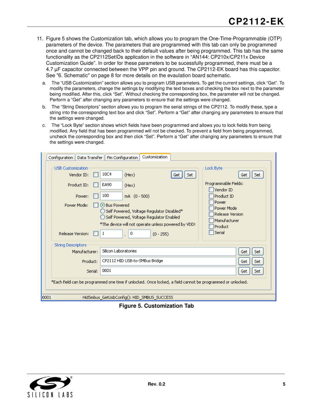 Silicon Laboratories CP2112-EK manual Customization Tab 