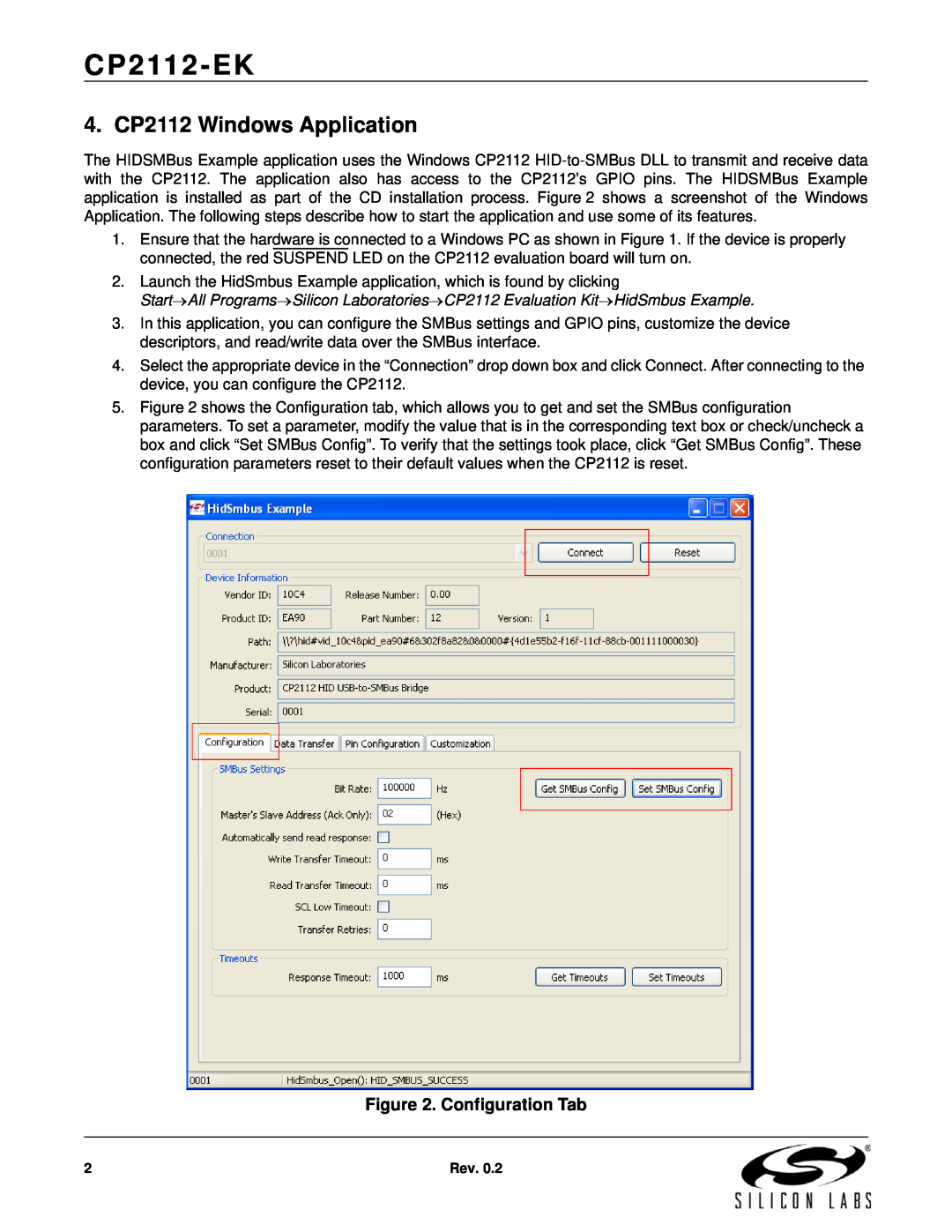 Silicon Laboratories CP2112-EK manual 4. CP2112 Windows Application, Configuration Tab 