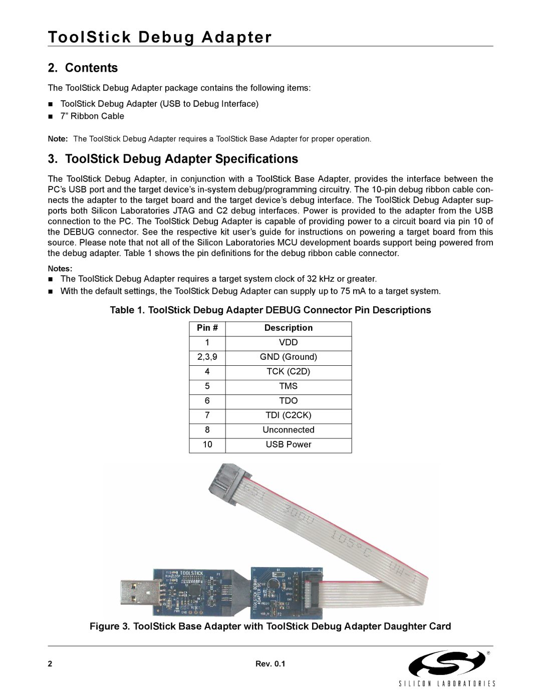 Silicon Laboratories manual Contents, ToolStick Debug Adapter Specifications 