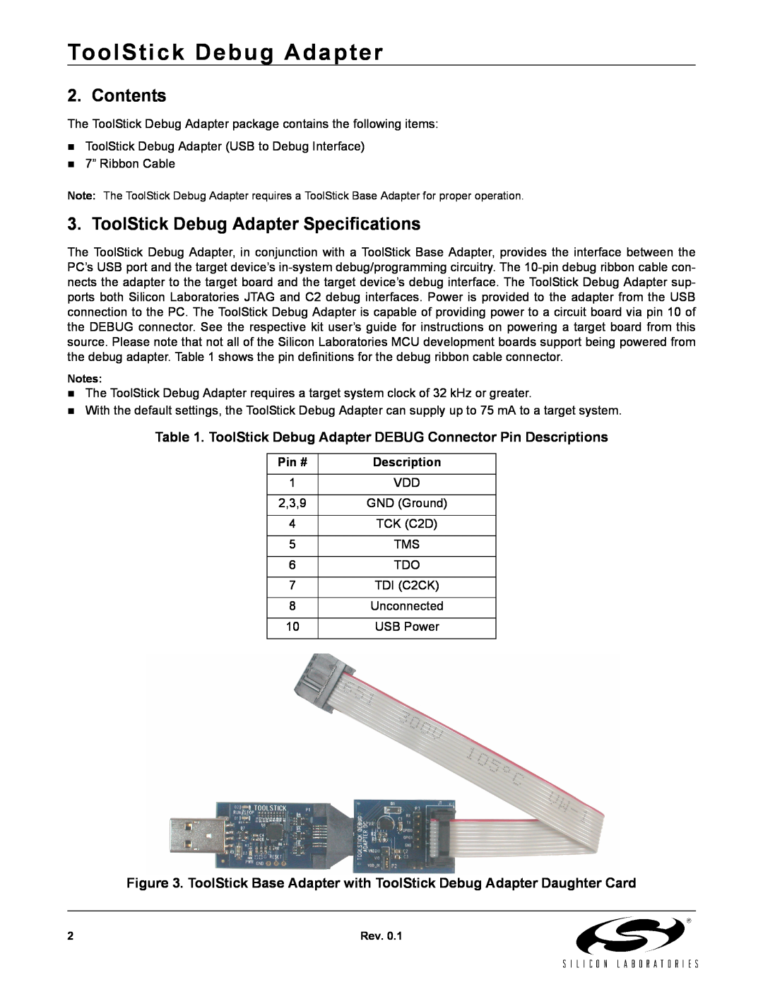 Silicon Laboratories manual Contents, ToolStick Debug Adapter Specifications, Pin #, Description 