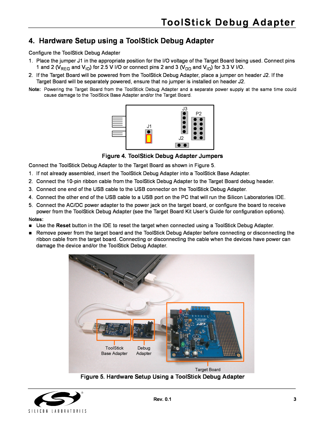 Silicon Laboratories manual Hardware Setup using a ToolStick Debug Adapter, ToolStick Debug Adapter Jumpers 