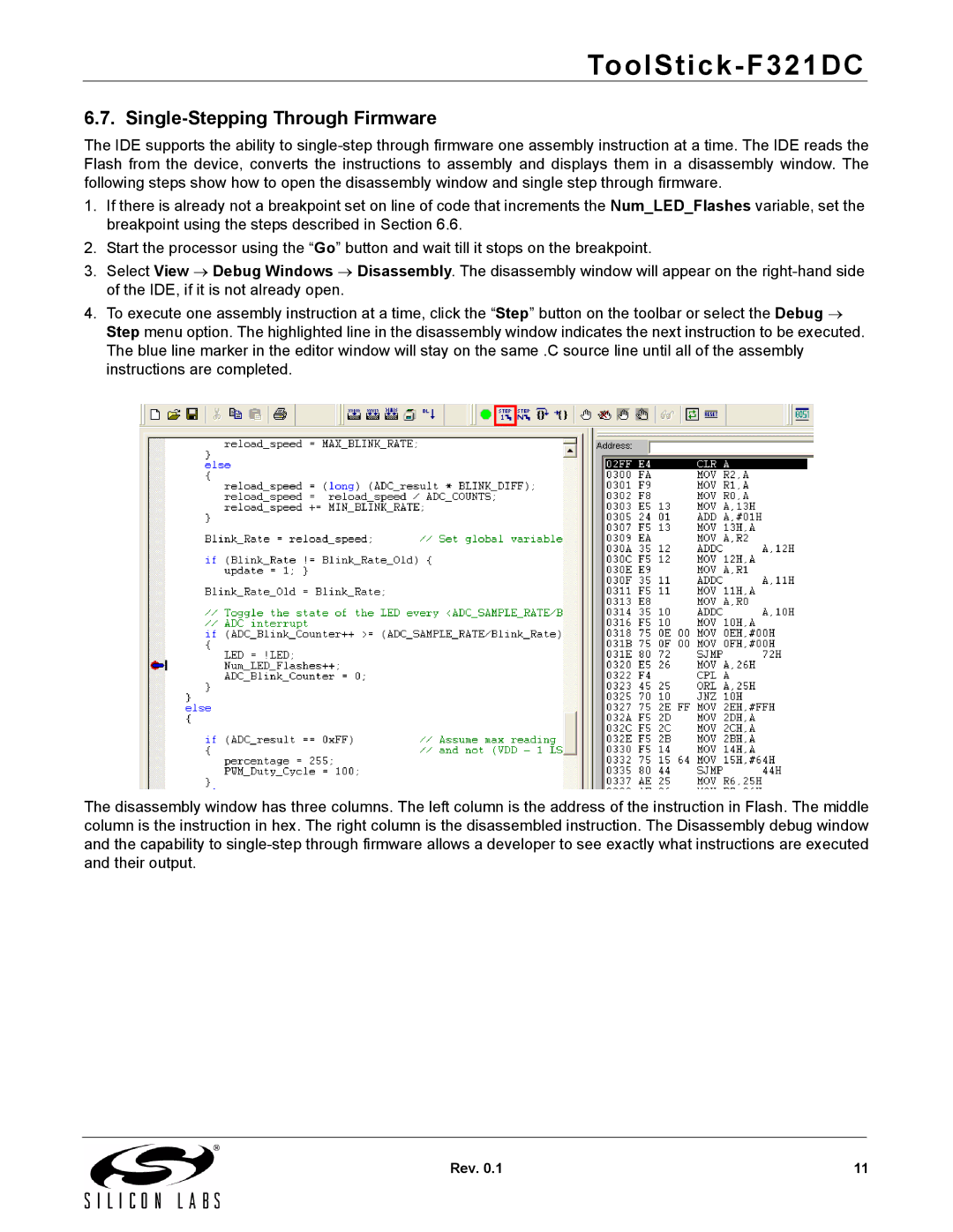 Silicon Laboratories F321DC manual Single-Stepping Through Firmware 