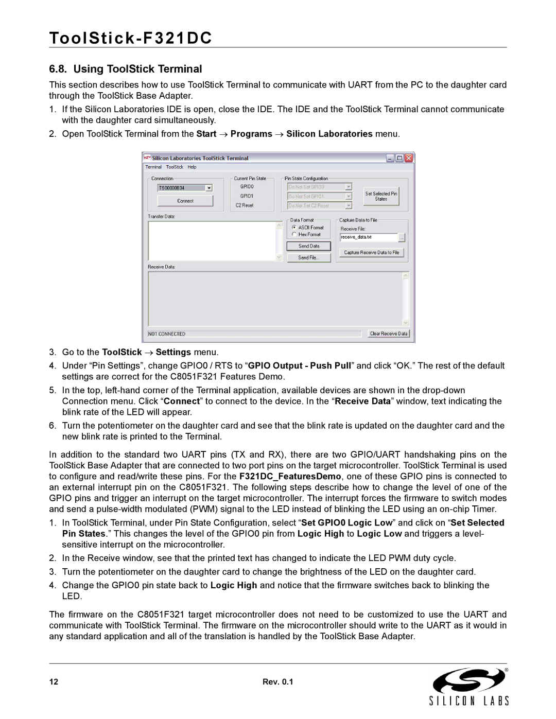 Silicon Laboratories F321DC manual Using ToolStick Terminal, Go to the ToolStick → Settings menu 