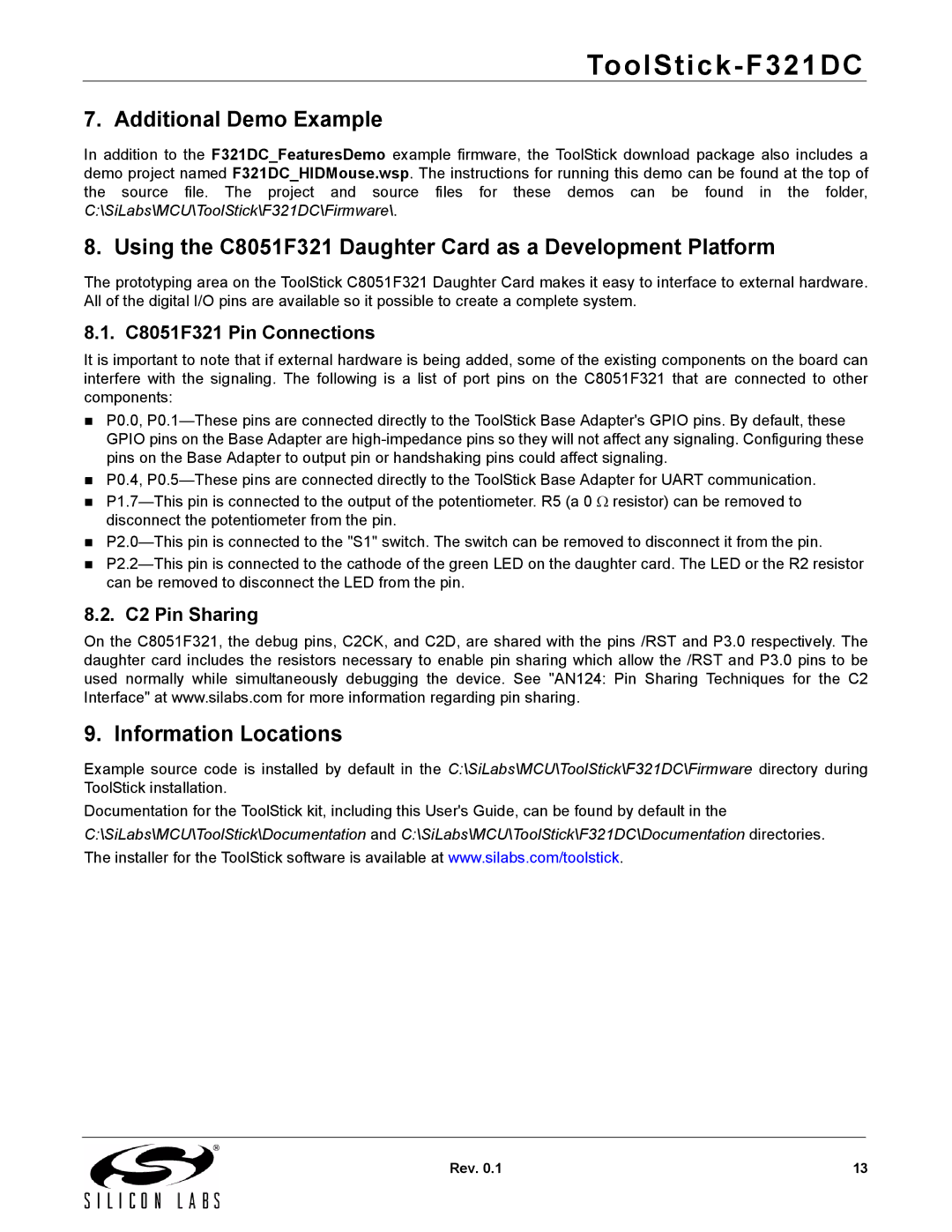 Silicon Laboratories F321DC manual Additional Demo Example, Using the C8051F321 Daughter Card as a Development Platform 