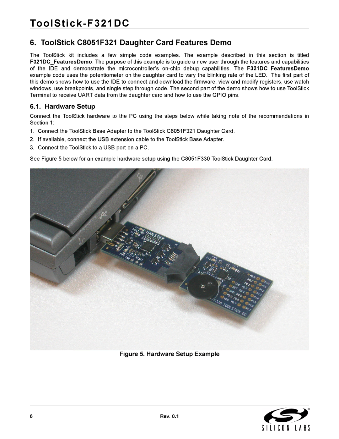 Silicon Laboratories F321DC manual ToolStick C8051F321 Daughter Card Features Demo, Hardware Setup 